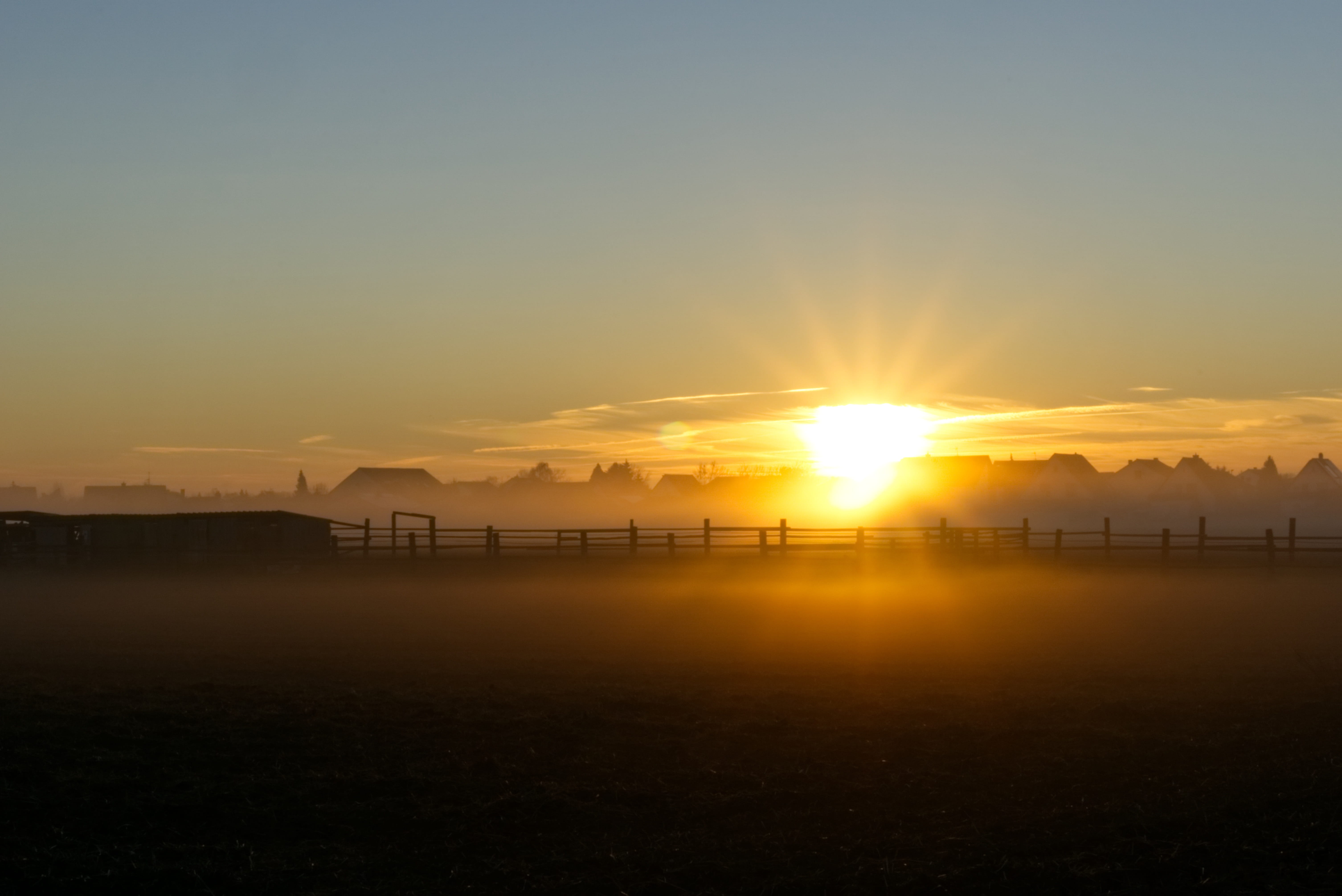 trees, cloud - sky, fog, sky, sunrise, beauty in nature, rural, romantic, tranquility, silhouette, outdoors, sunlight, idyllic, atmospheric, nature, haze, HD Wallpaper