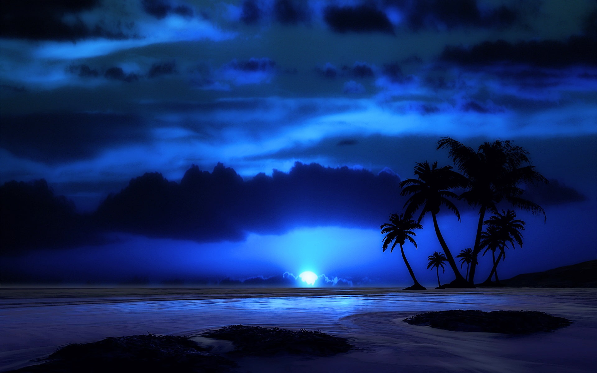 Clouds, 1080P, Night, Palm, Sky, Tropical, Evening, Tree, Sea, Moon, HD Wallpaper