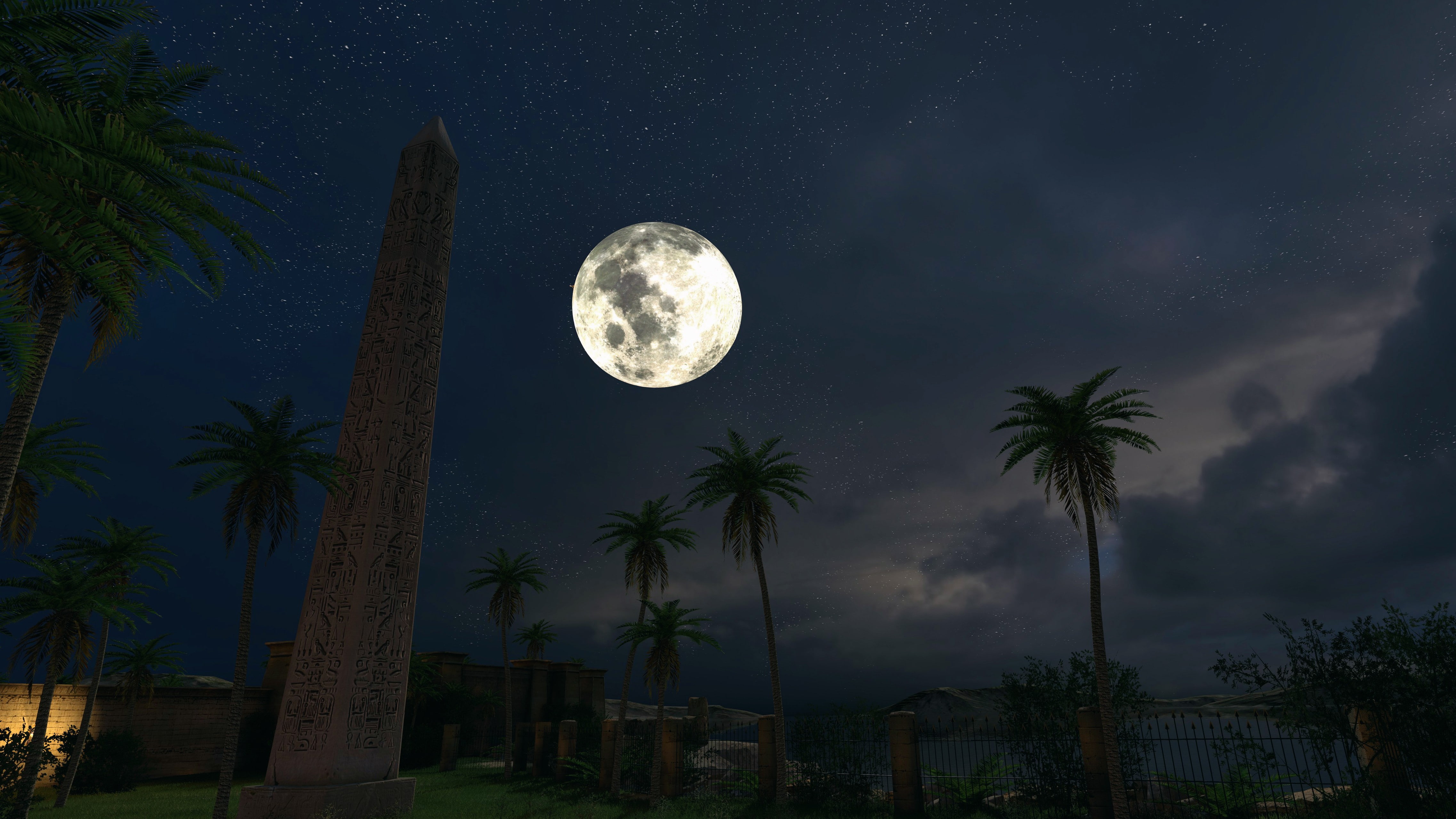 4K, the talos principle screen shot video games obelisk palm trees moon night egypt egyptian sky, HD Wallpaper