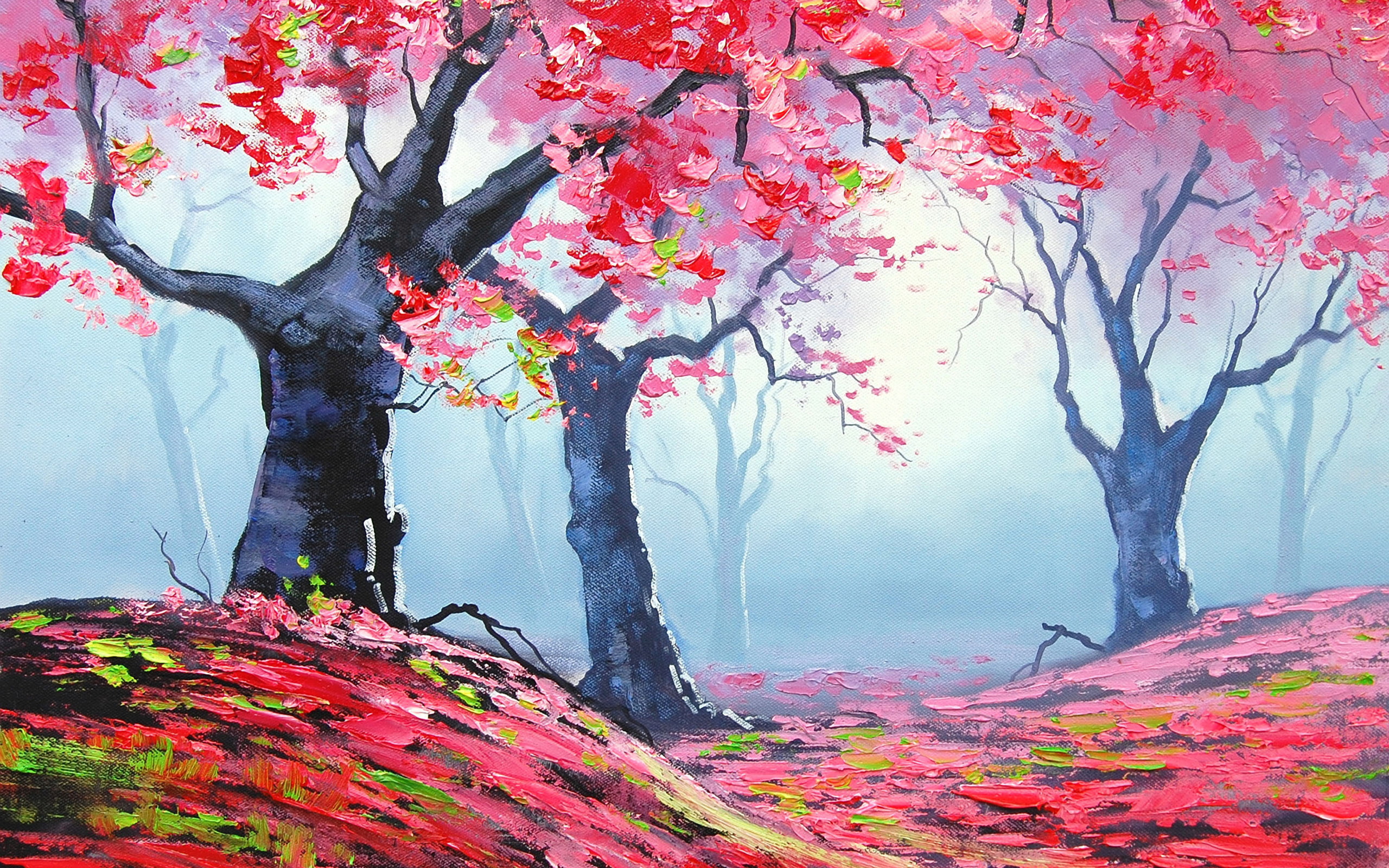 2K, hd, artistic, red, tress, landscape, painting, flowered, HD Wallpaper