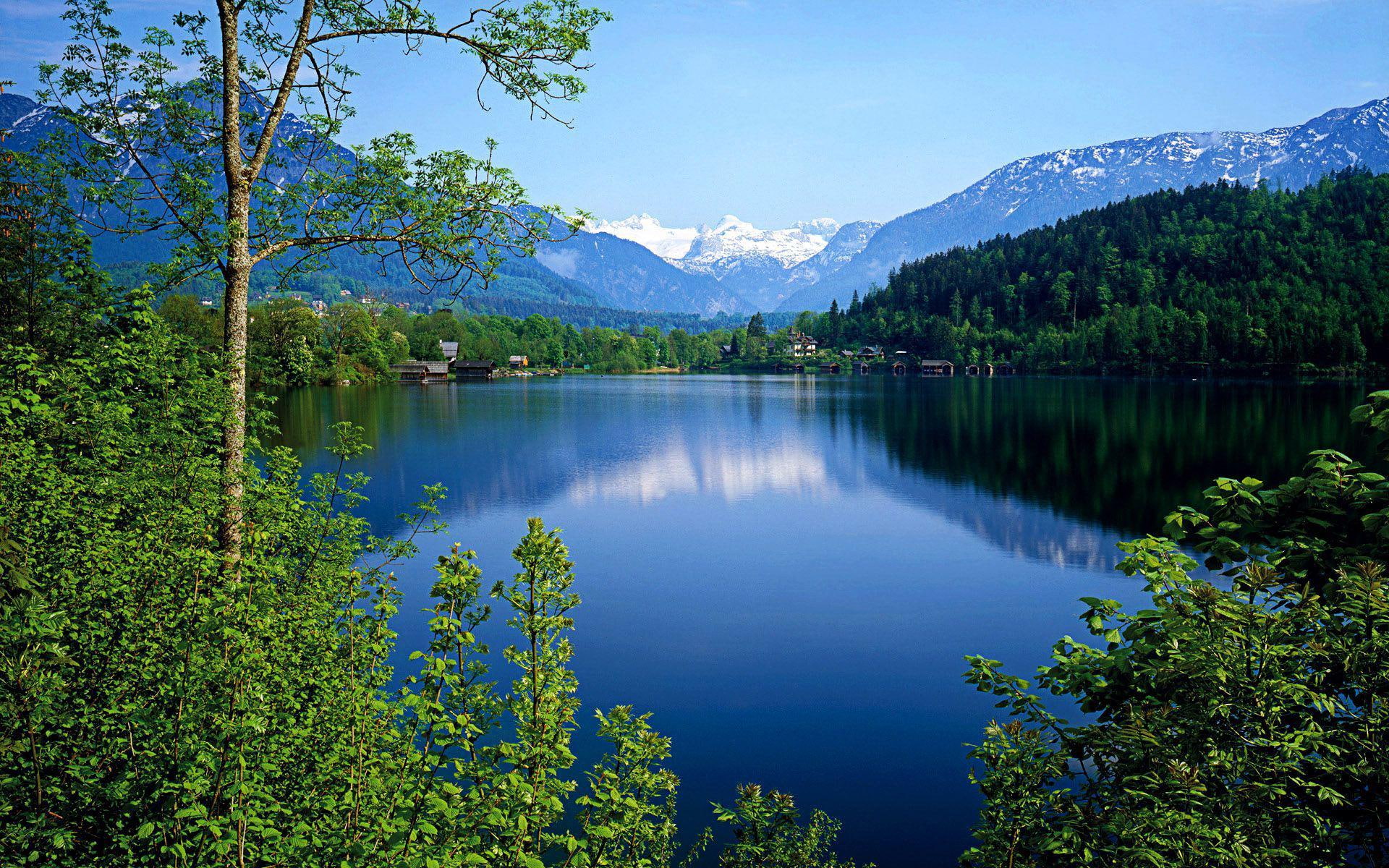 1920x1200, green, mountain, 1080P, tress, side, lake, austria, town, nature, europe, HD Wallpaper