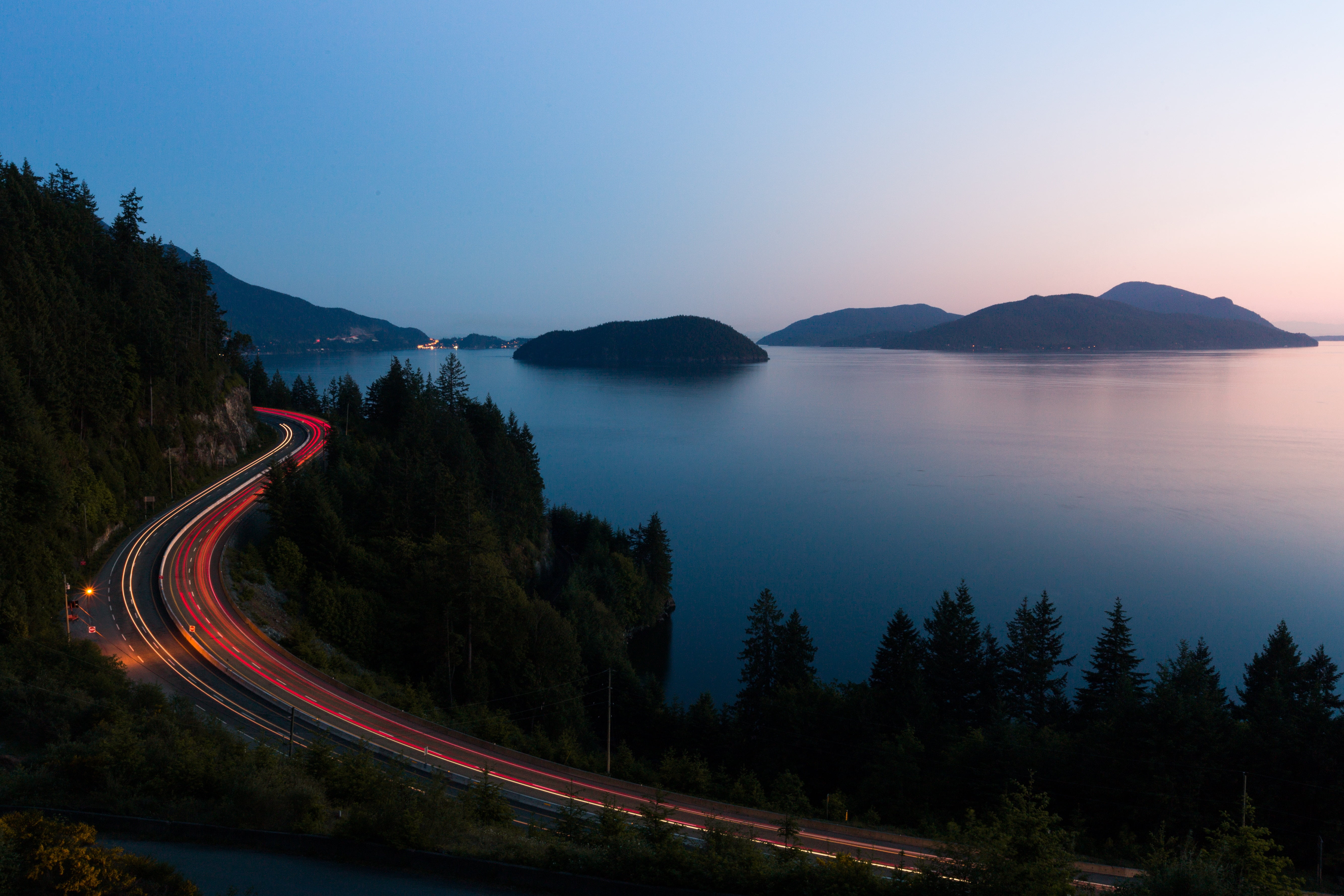 road, scenics - nature, light, water, highway, tranquility, non-urban scene, sunset, journey, scenics, tree, tress, tranquil scene, summer, outdoors, trees, HD Wallpaper