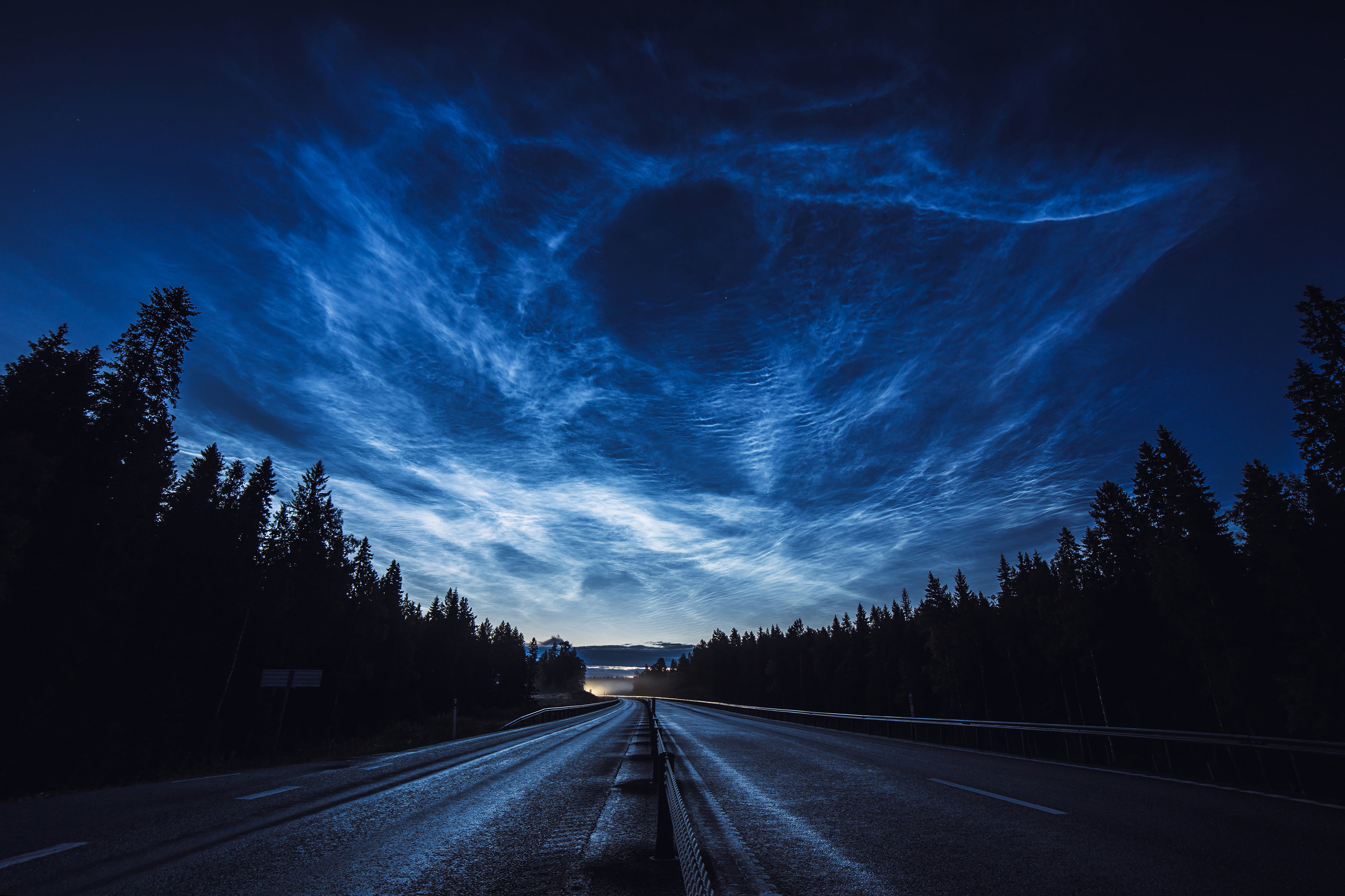 dawn, cloud - Sky, sunset, trees, dusk, tranquil scene, dark, 2K, night, non-Urban Scene, landscape, highway, green, multiple Lane Highway, long exposure, HD Wallpaper