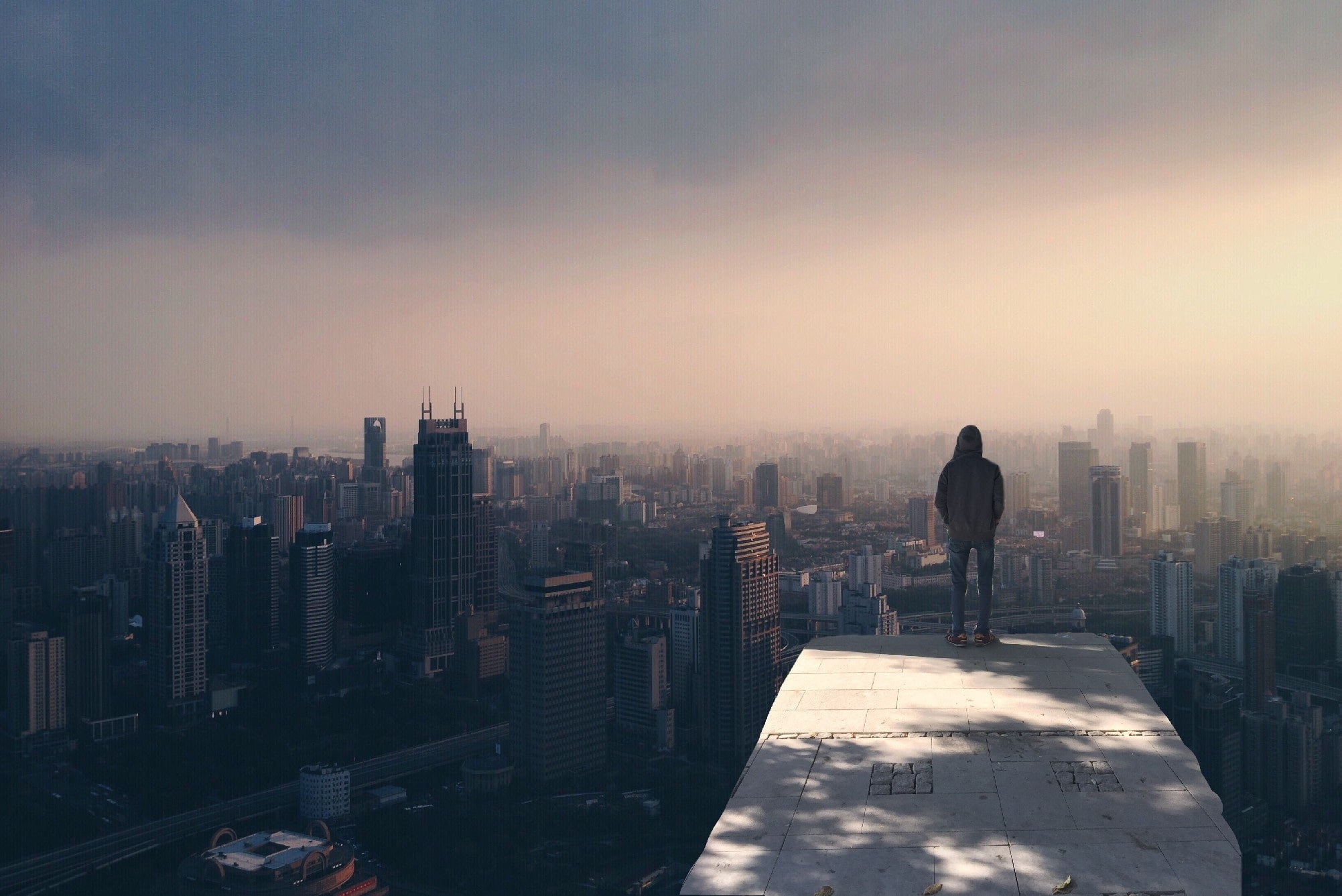 alone, buildings, man, skyline, person, 1080P, fog, cityscape, city, smog, standing, HD Wallpaper