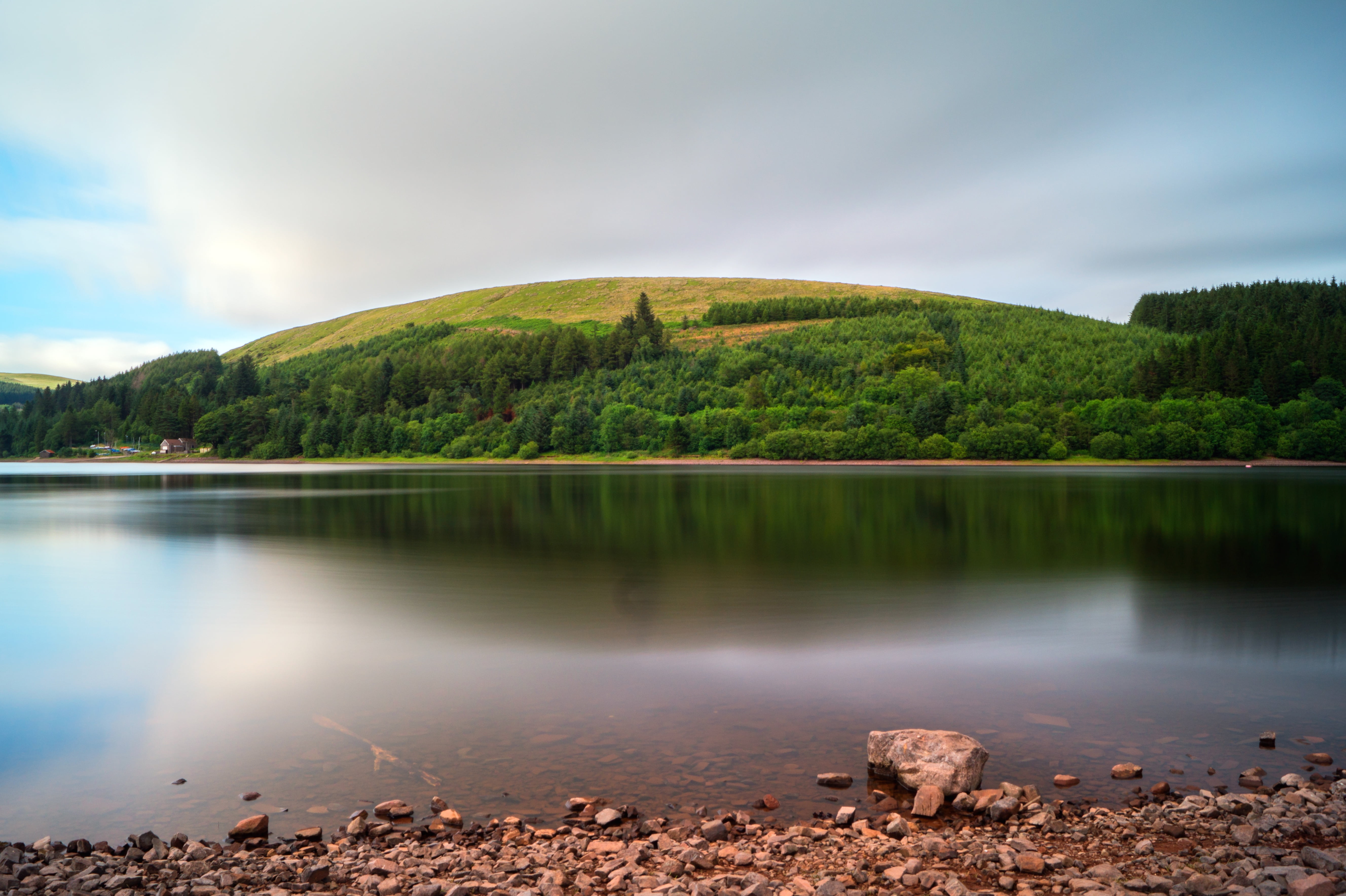 sunlight, sky, near, cloud - Sky, mountain, reservoir, powys, rocky, wales, hills, tranquil Scene, nd  filter, 5K, summer, water, forest, clouds, reflection, HD Wallpaper