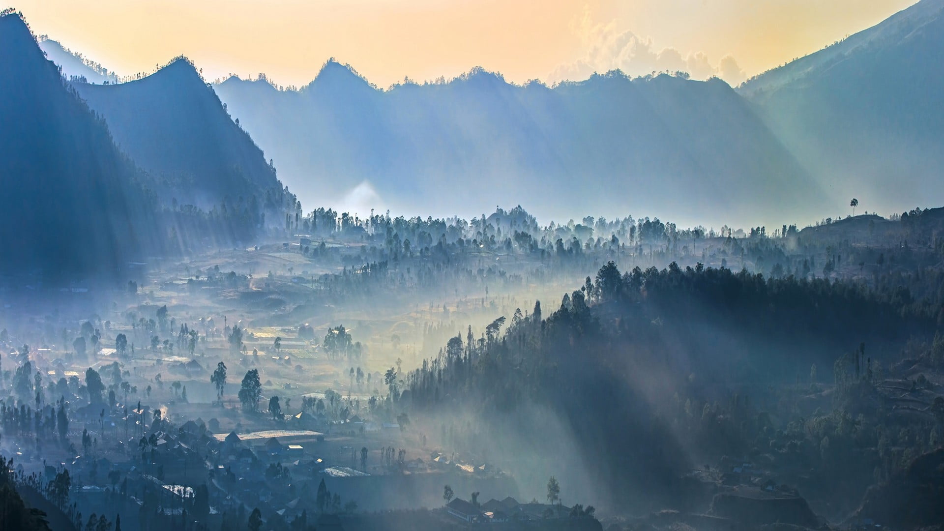 scenics - nature, no people, tree, sun, travel destinations, 1080P, fog, mist, outdoors, sun rays, forest, environment, landscape, mountain, smog, architecture, HD Wallpaper