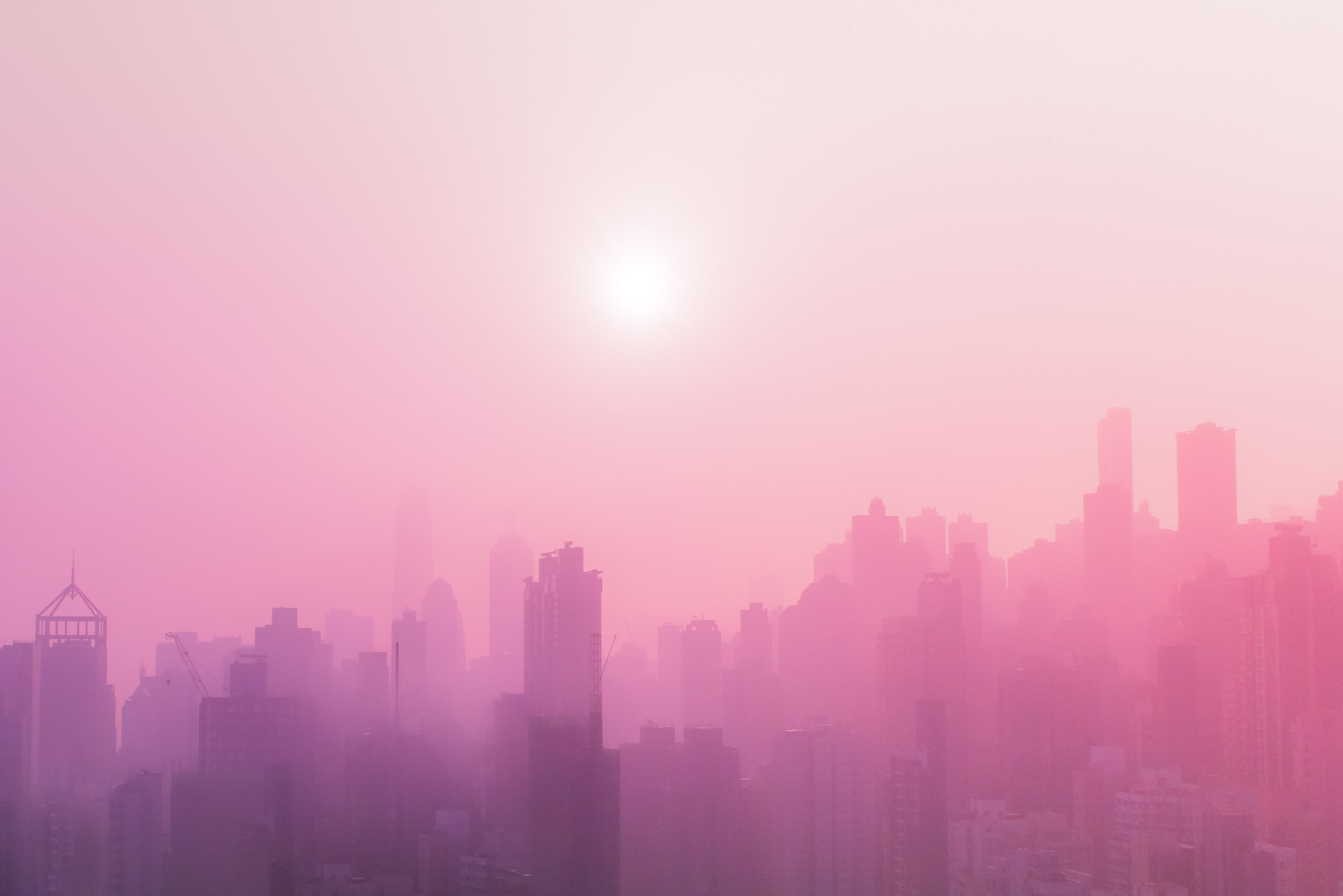 city life, apartment, 4K, sky, Pink, pollution, environment, Sunny day, residential district, no people, Urban, cityscape, built structure, sun, sunlight, HD Wallpaper