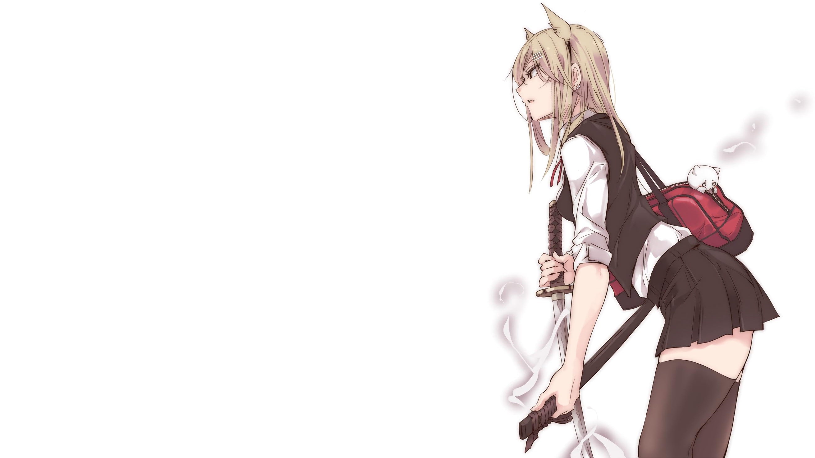 long hair, blonde, skirt, katana, sword, anime, anime girls, original characters, 2K, weapon, animal ears, HD Wallpaper