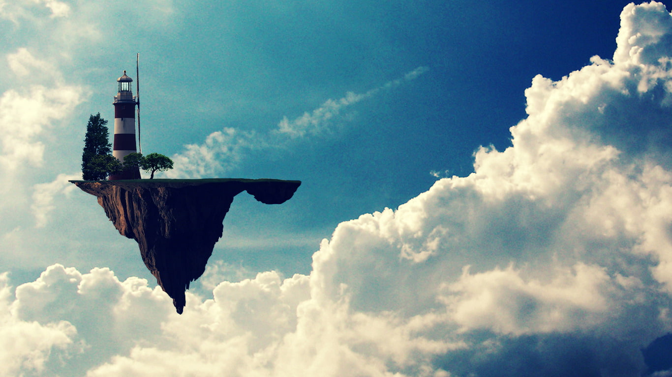 gorillaz music floating island clouds windmill, 720P, HD Wallpaper