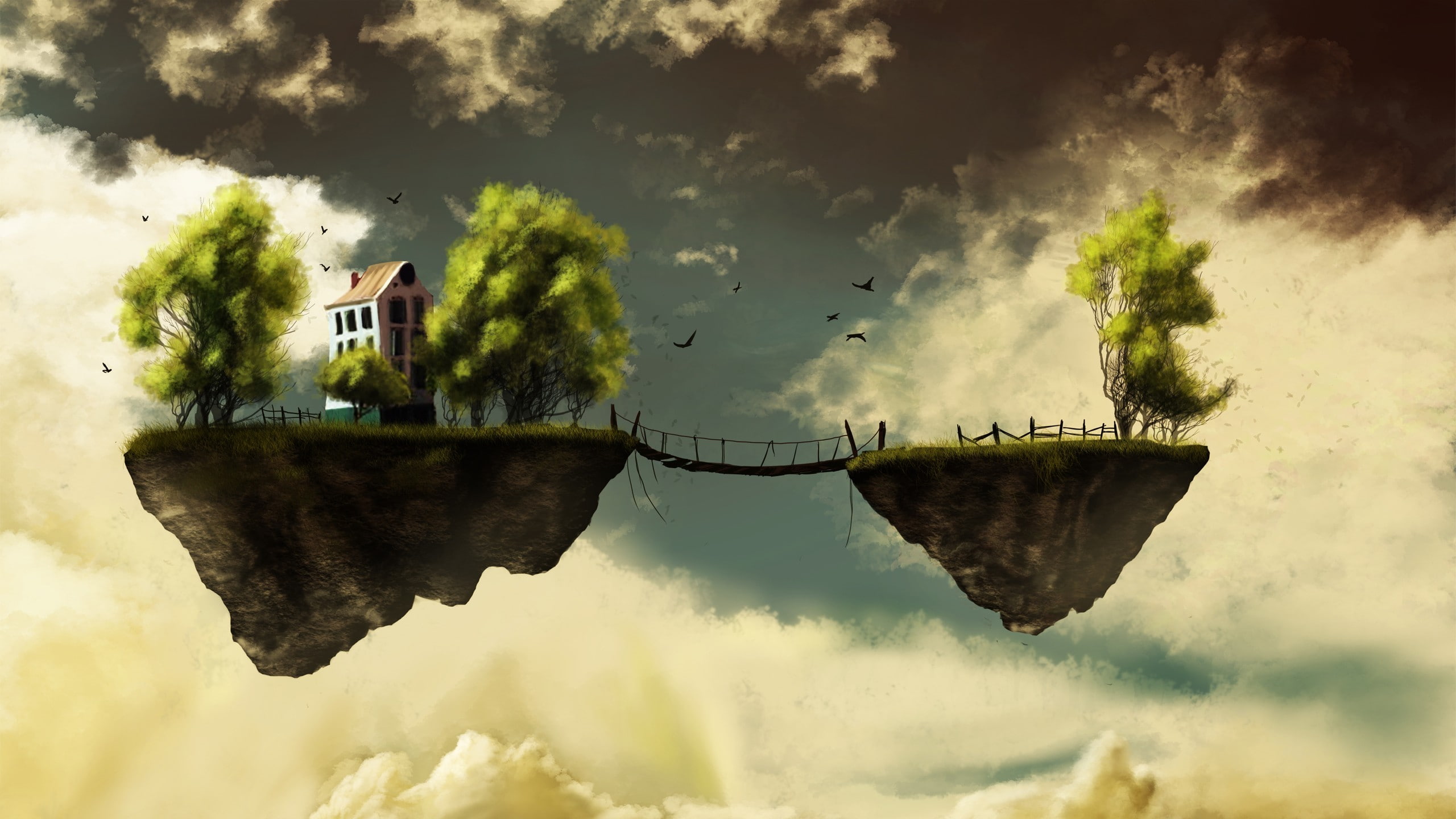 beauty in nature, mode of transportation, digital composite, day, outdoors, floating island, tranquility, reflection, house, digital art, water, scenics - nature, HD Wallpaper