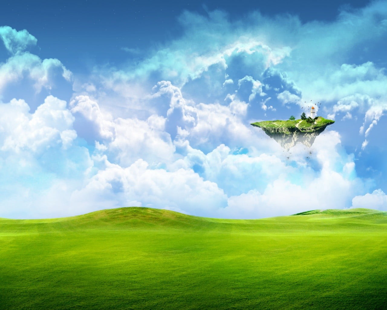 flying, cloud - sky, scenics - nature, no people, sky, leisure activity, grass, field, plant, blue, activity, clouds, outdoors, landscape, green color, HD Wallpaper