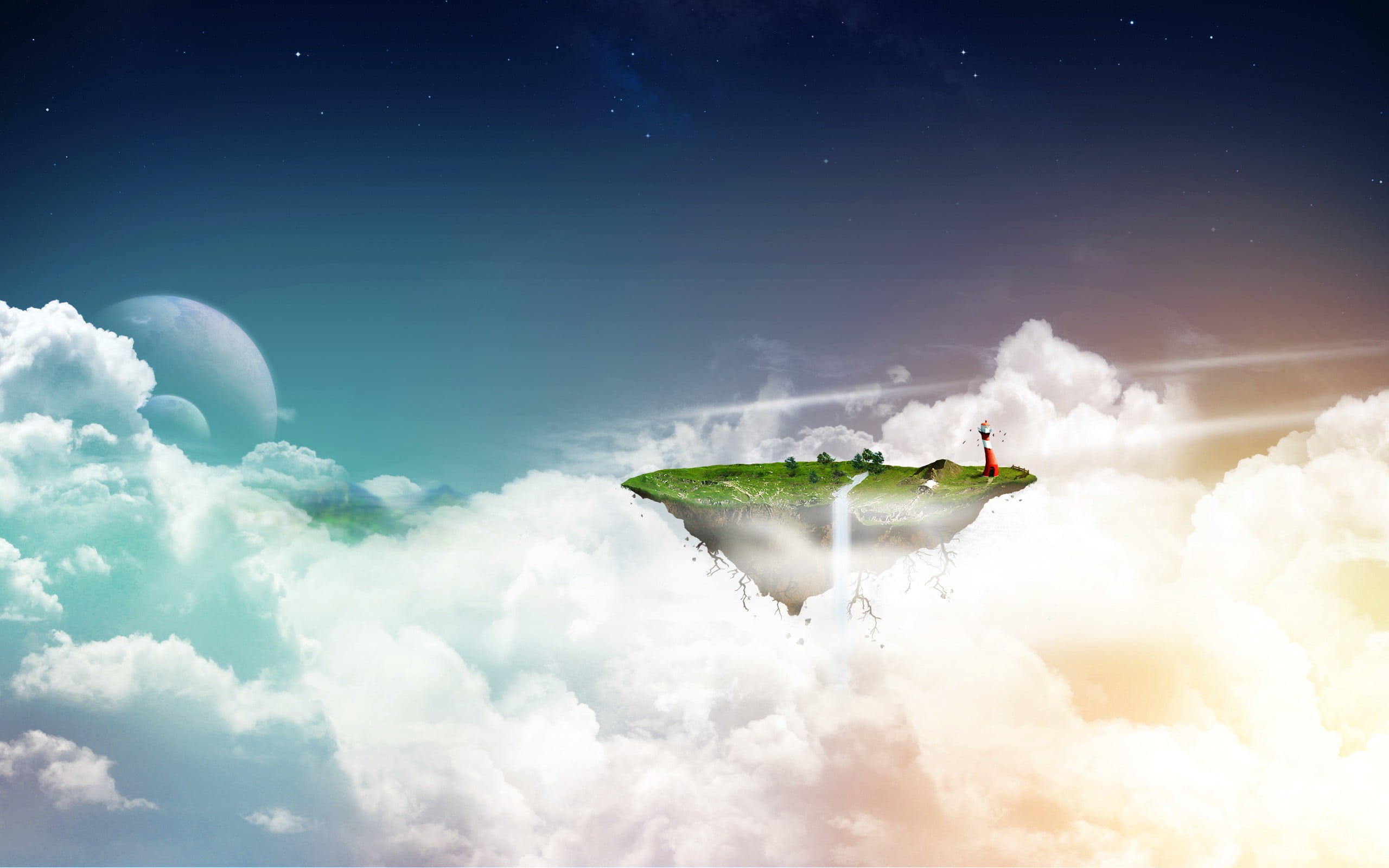transportation, tranquil scene, blue, adventure, beauty in nature, sunlight, sky, digital composite, white color, 2K, floating, outdoors, scenics - nature, HD Wallpaper