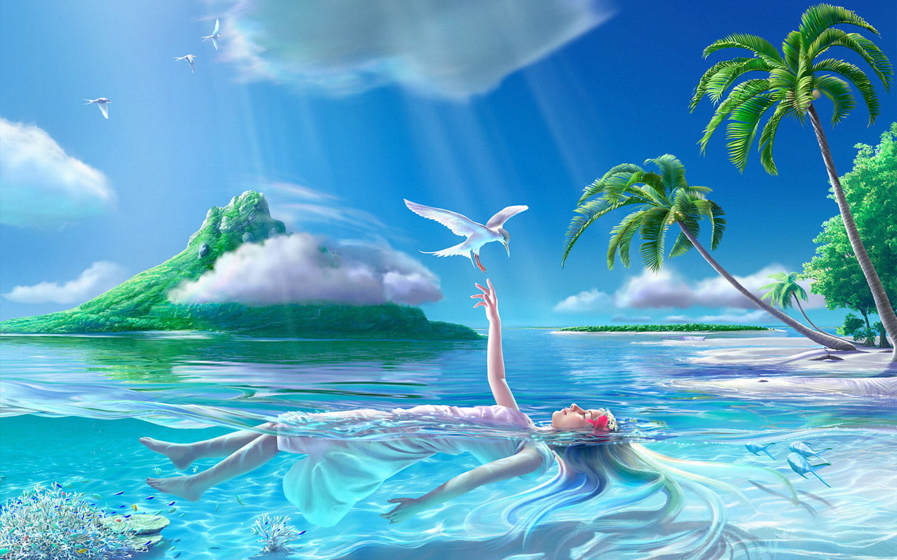 tropical, blonde, floating, island, 720P, ocean, birds, fantasy, trees, relax, hd, palm, HD Wallpaper