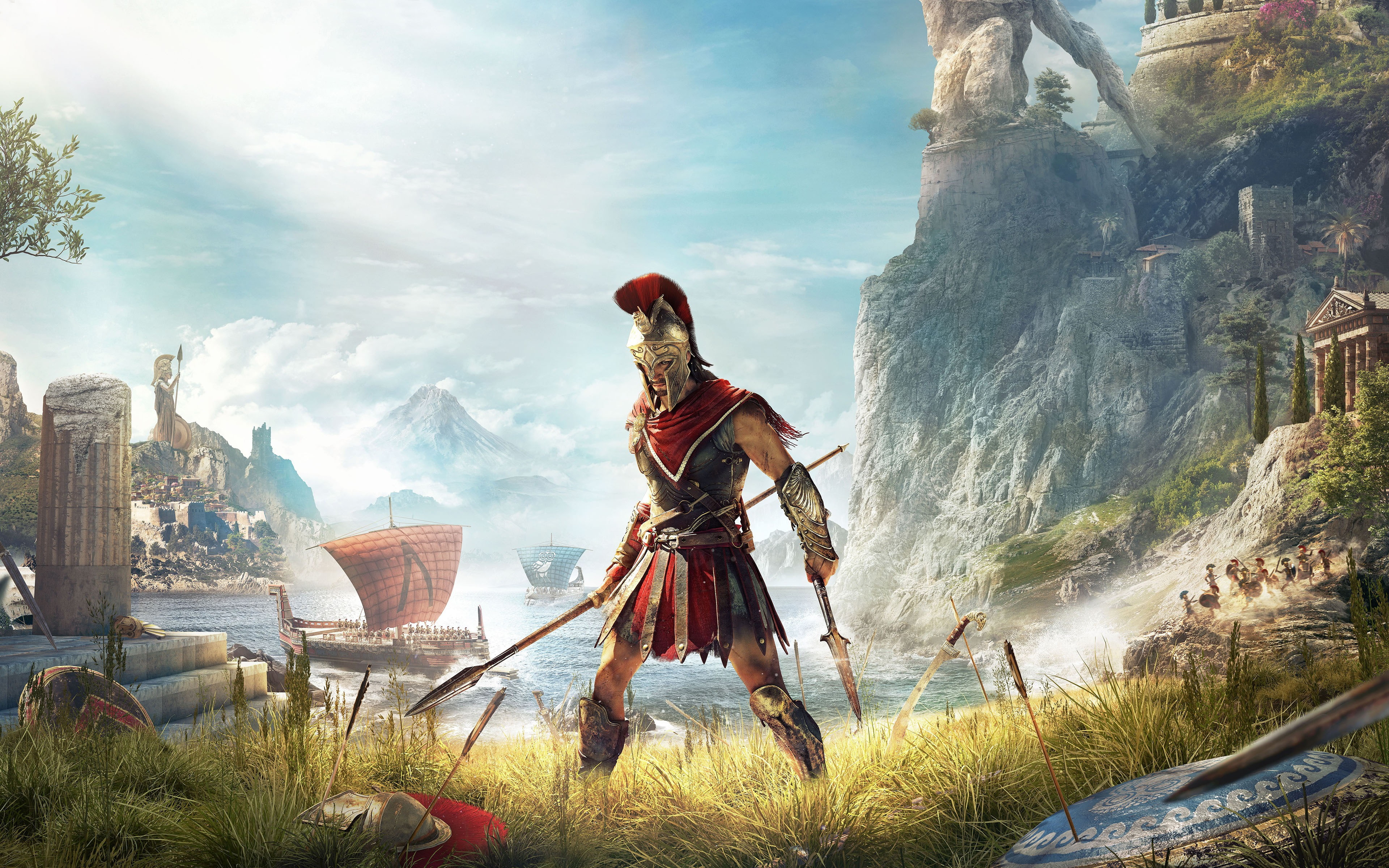 sky, nature, gameplay, architecture, rock, k, solid, cloud - sky, rock - object, human representation, the past, 4K, representation, real people, assassins, HD Wallpaper