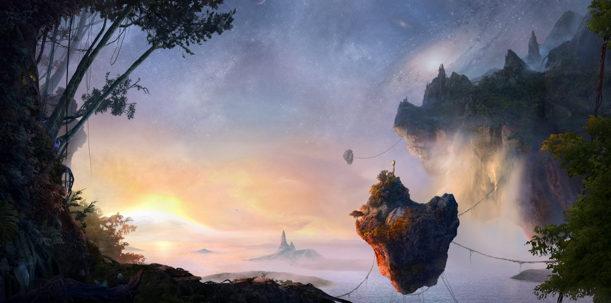 panoramic, tree, dusk, sky, 1080P, mountain, cloudscape, backgrounds, land, light - Natural Phenomenon, Islands, rock - Object, fog, no people, jungle, HD Wallpaper