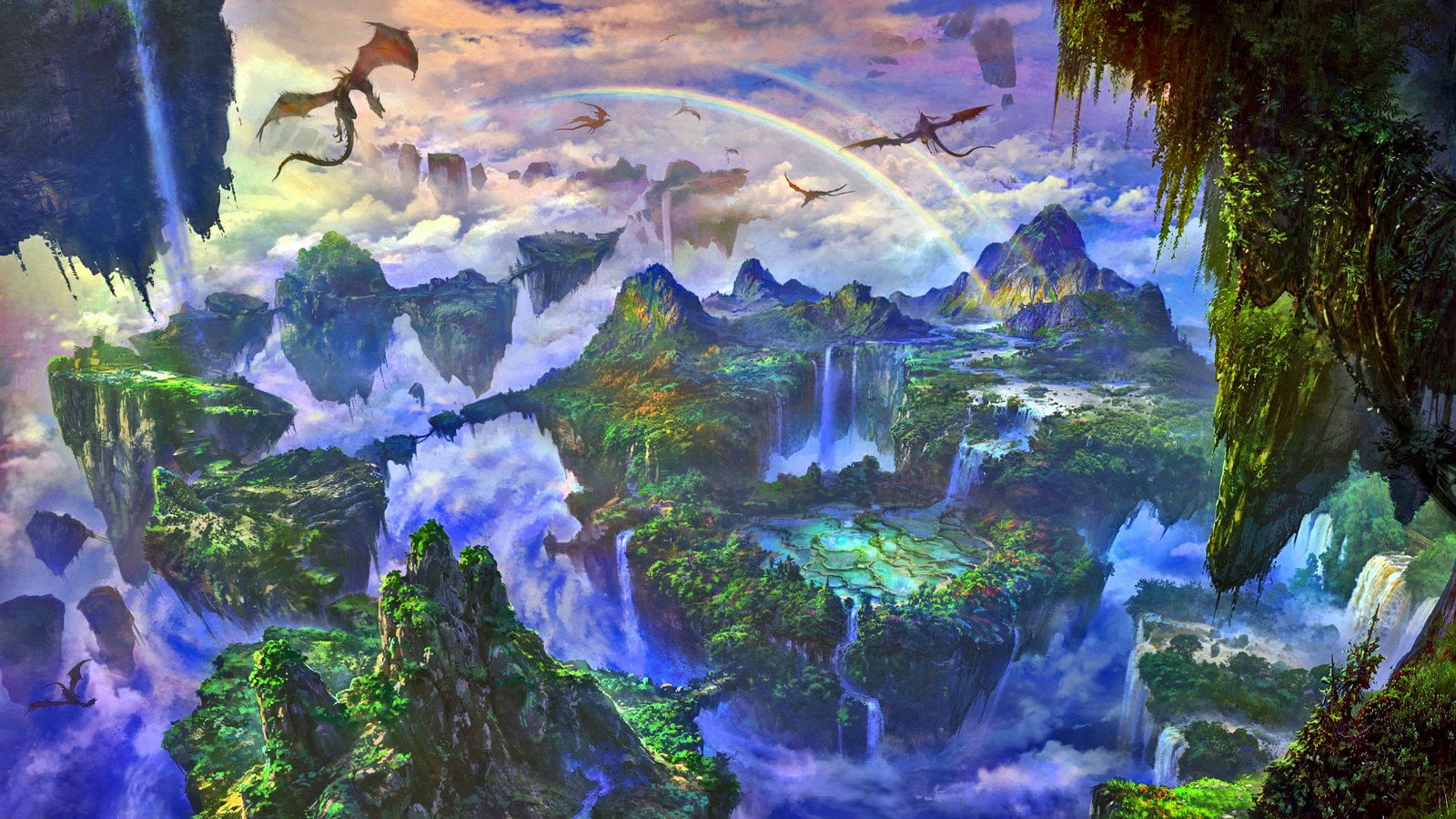 dragons, outdoors, floating, flying, animal, Landscape, creativity, nature, rock, textured, no people, motion, multi colored, island, solid, water, HD Wallpaper