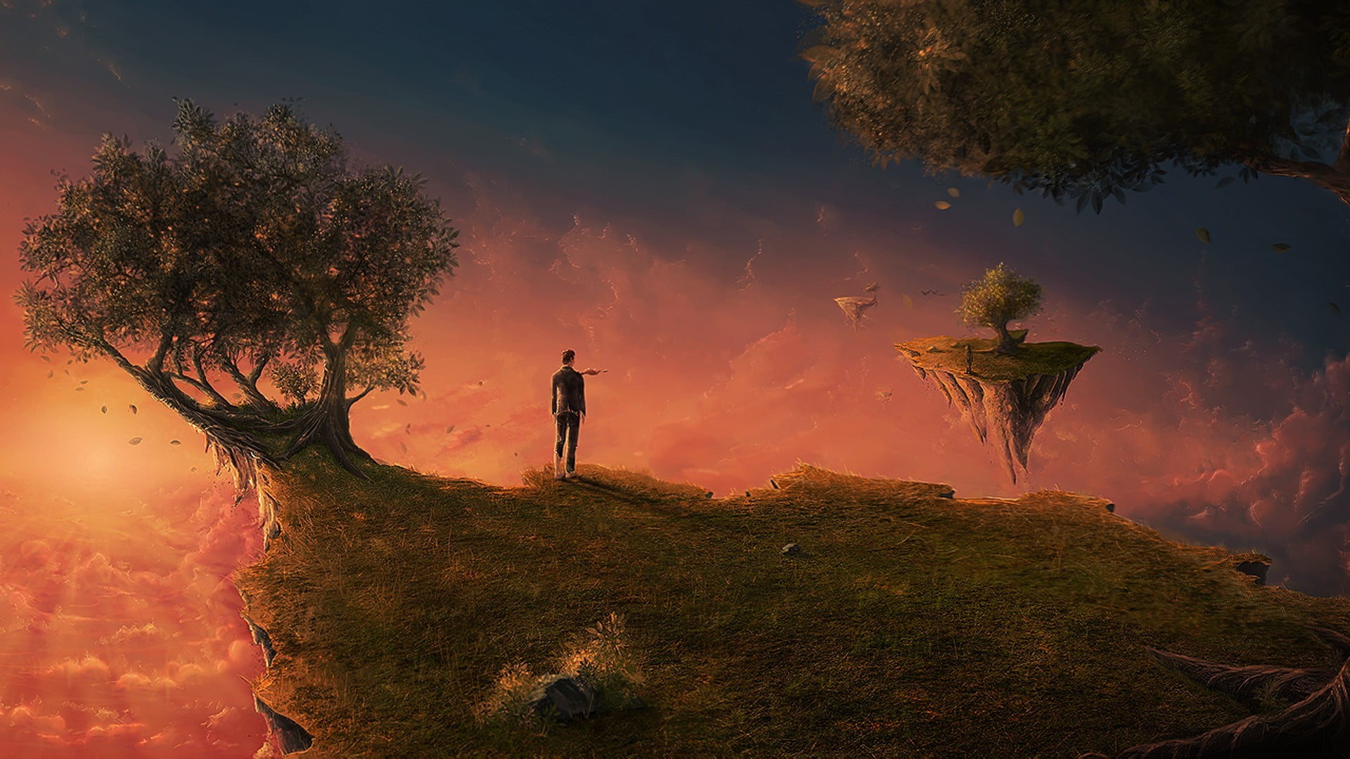 women, dawn, space, forest, man, sunrise - Dawn, costume, growth, standing, sunbeam, art, Islands, nature, silhouette, mountain, digital painting, sleep, HD Wallpaper