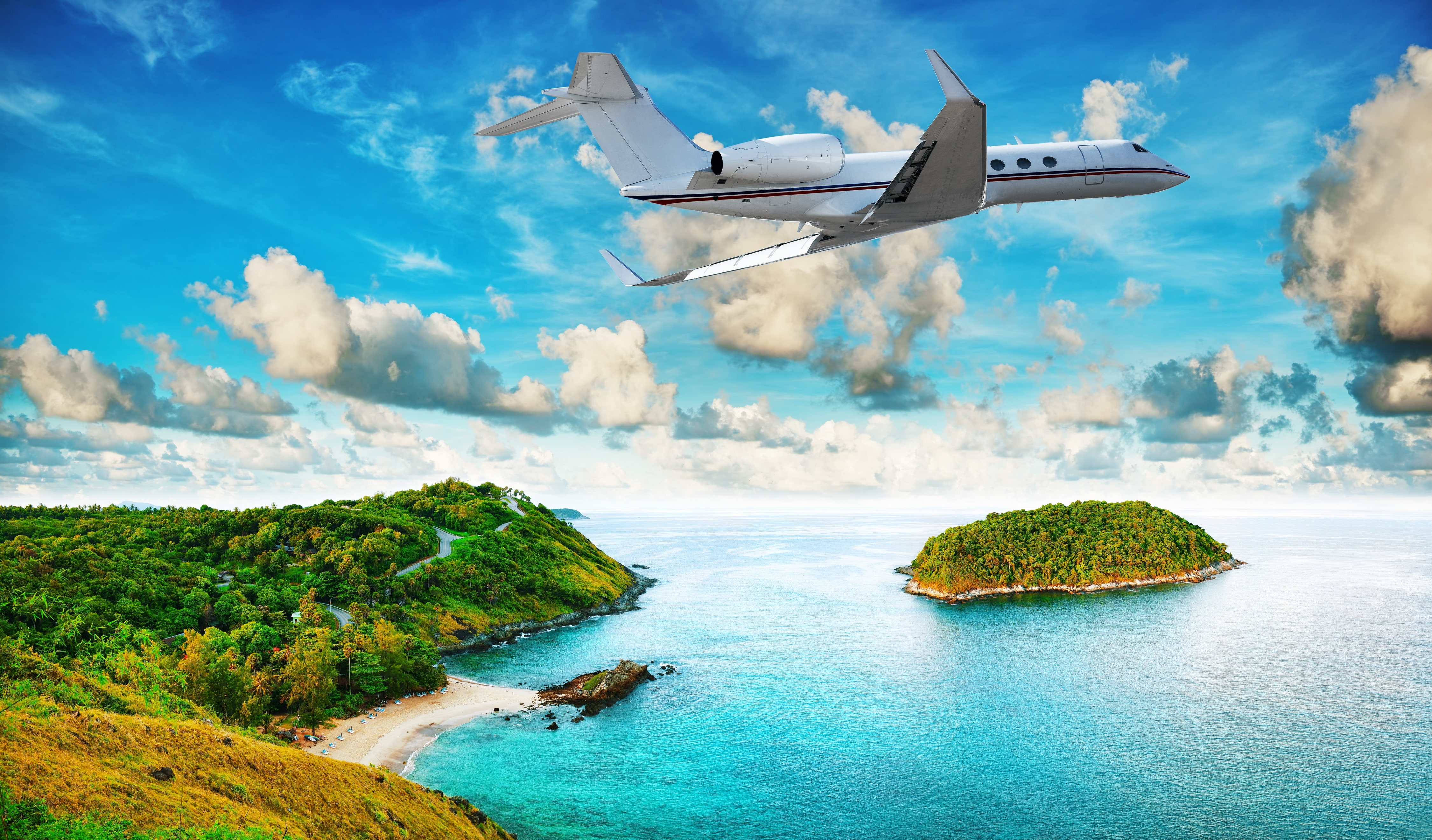 flying, beach, transportation, beauty in nature, white, sea, turquoise colored, The plane, no people, art, aerospace industry, blue, wind, land, cloud - sky, HD Wallpaper