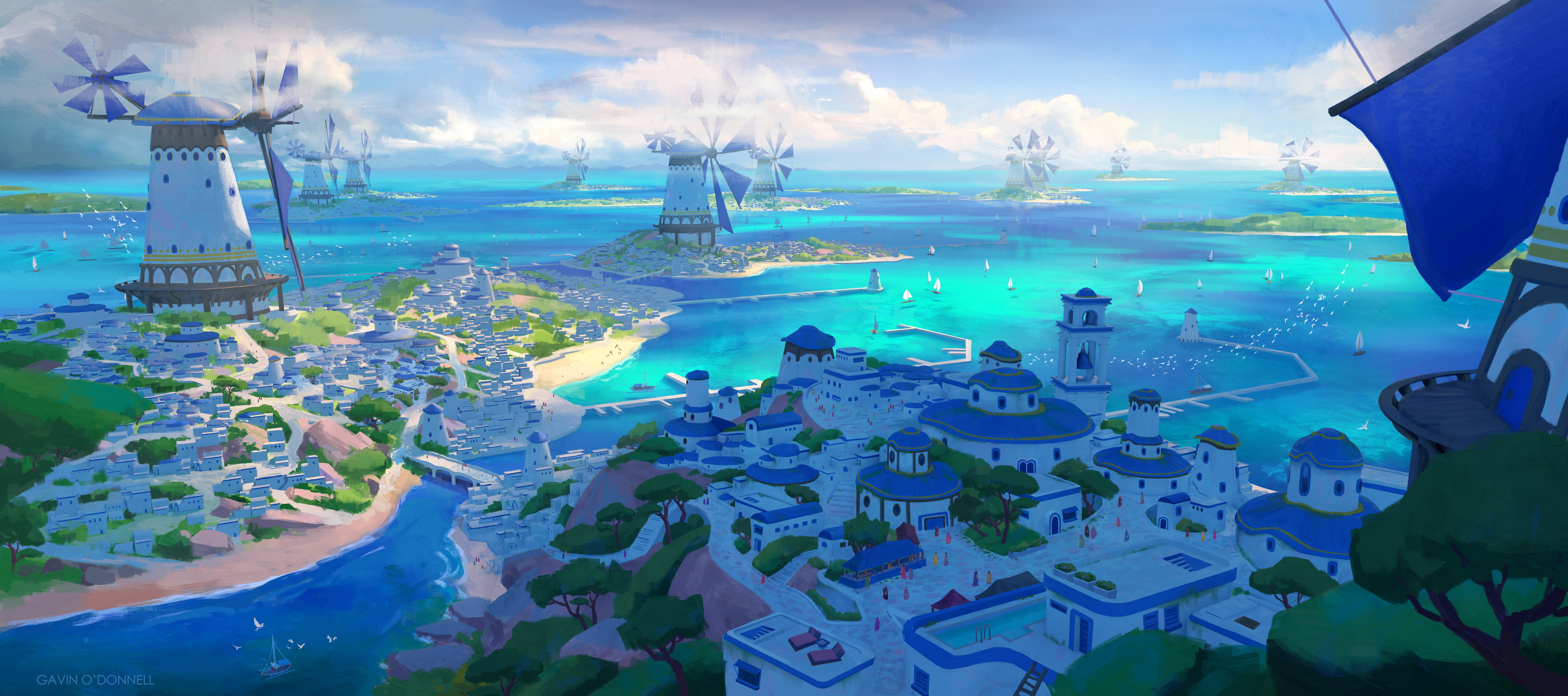 reflection, digital art, skyscraper, birds, windmill, digital, digital painting, lighthouse, flying, Gavin ODonnell, clear sky, landscape, ArtStation, island, HD Wallpaper