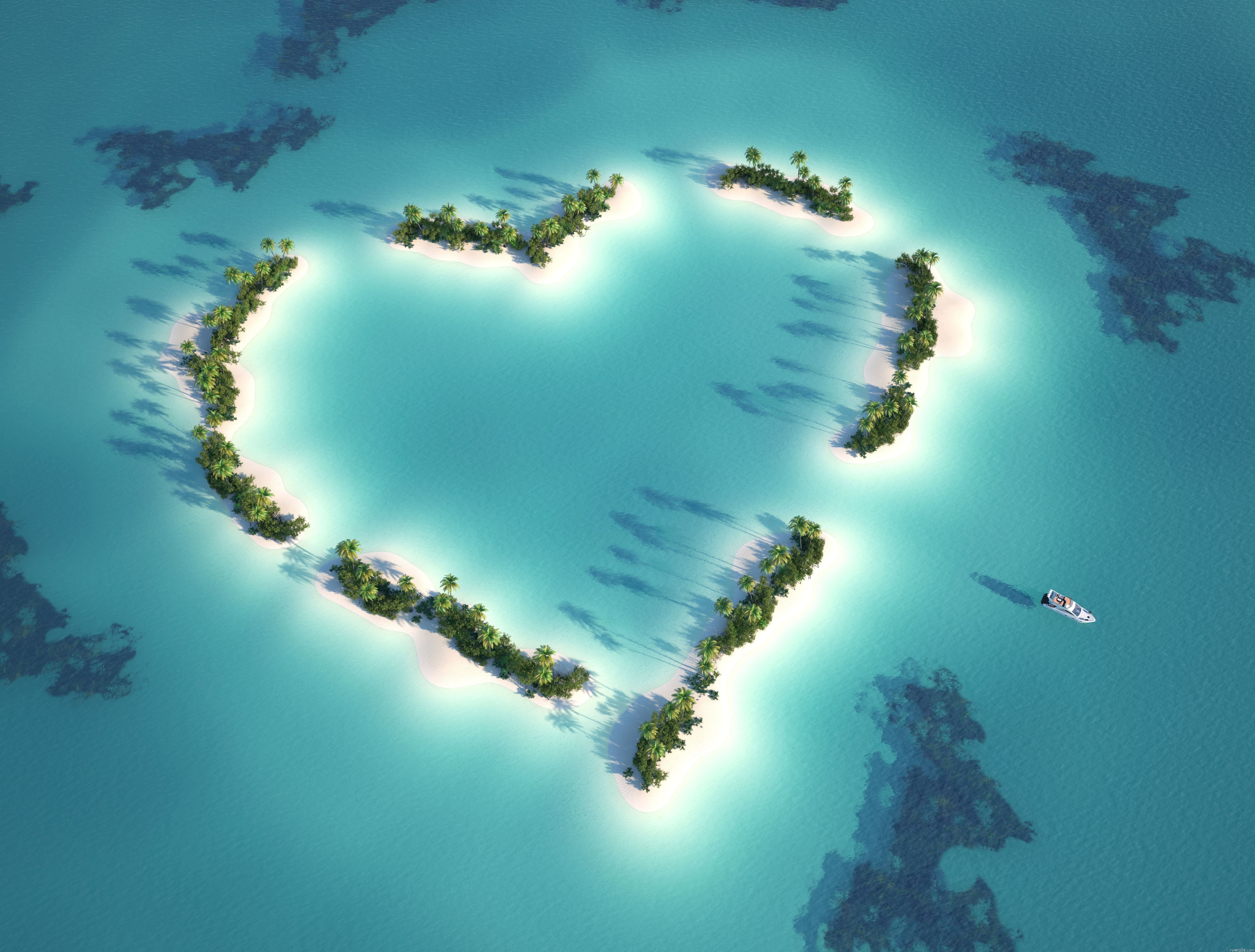 vacations, travel Destinations, green, no People, outdoors, tourism, backgrounds, summer, palm, trees, sunlight, sky, flying, scenics, heart, coastline, HD Wallpaper
