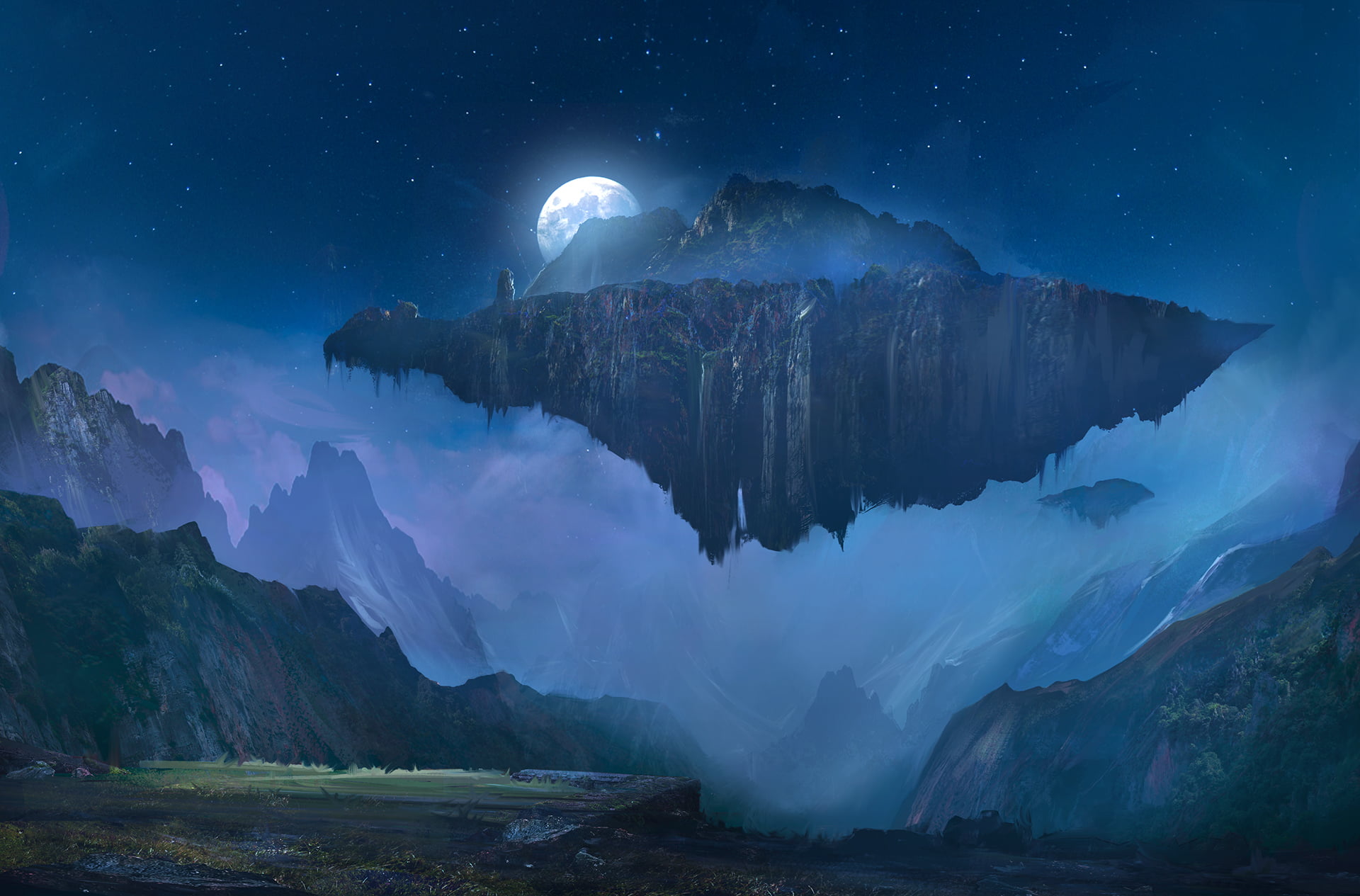 landscape, mountains, moon, 1080P, travel destinations, environment, cold temperature, the sky, night, tranquil scene, beauty in nature, snow, the moon, HD Wallpaper