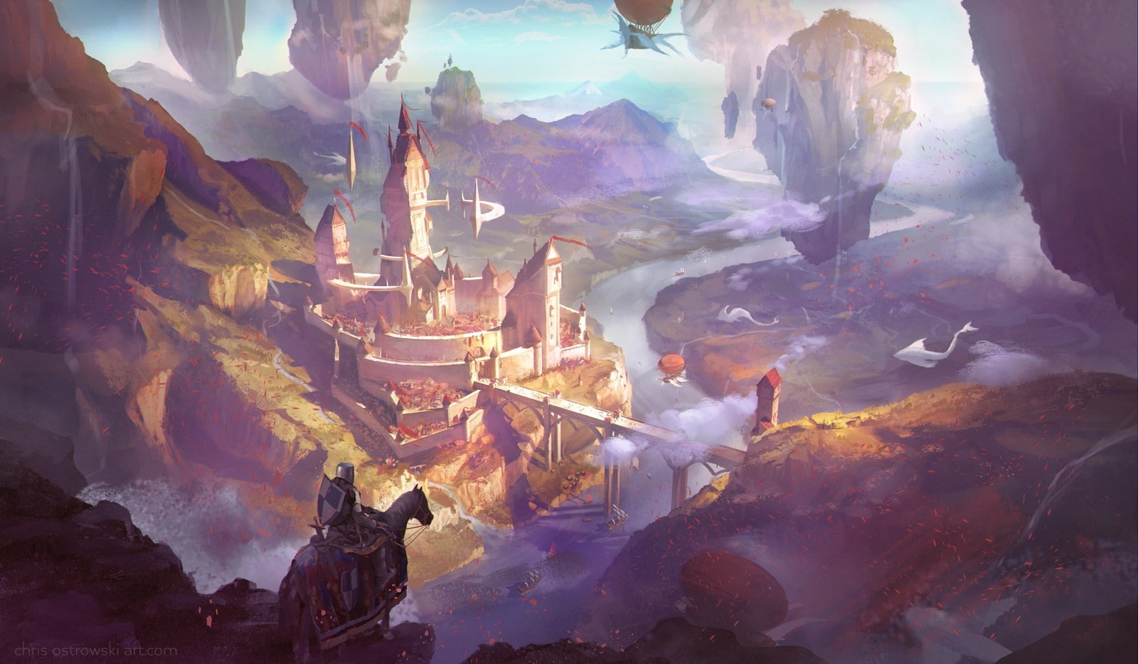 720P, horse, river, knight, flying islands, Fantasy, castle bridge, landscape, HD Wallpaper