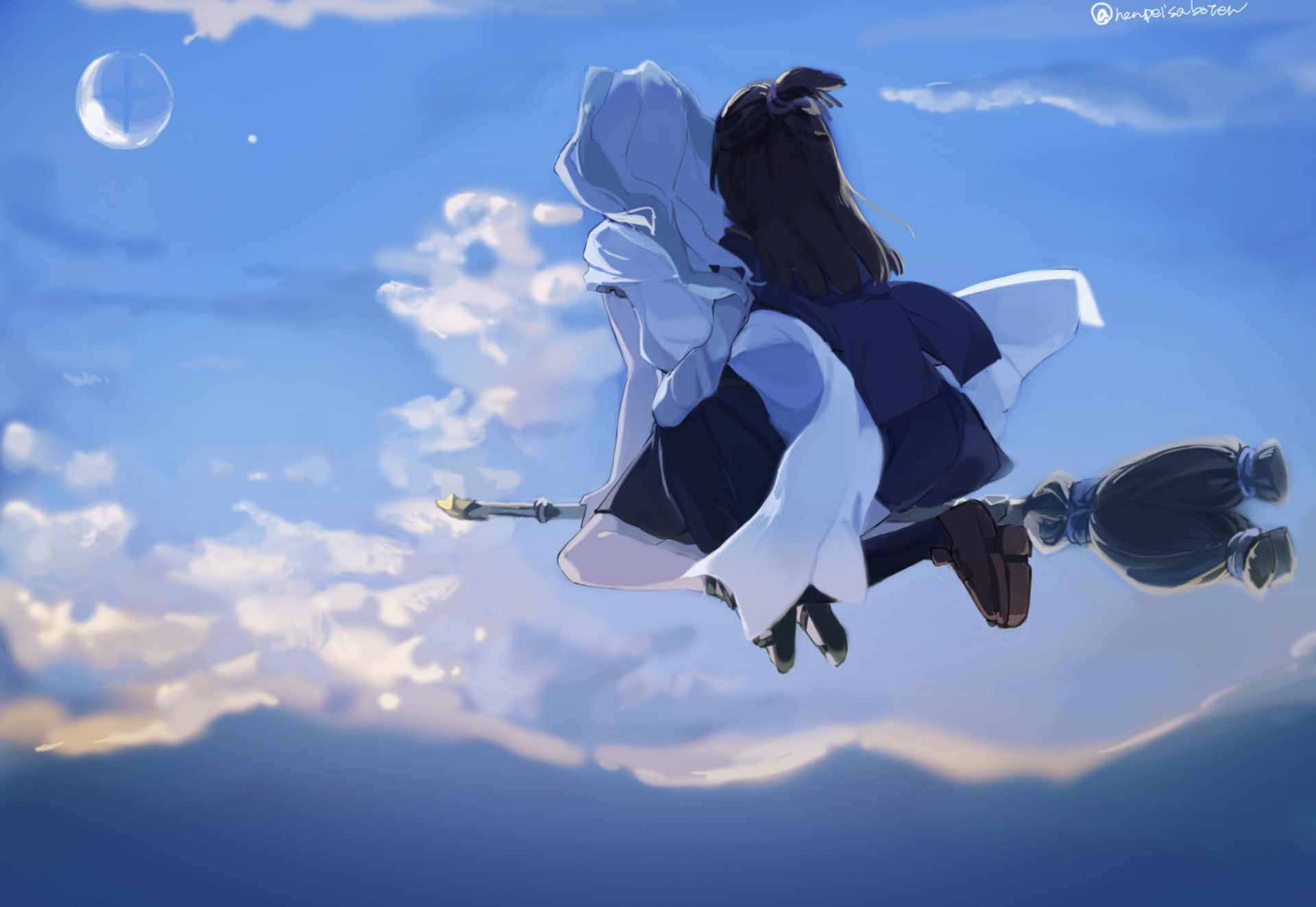 day, nature, rear view, 1080P, Diana Cavendish, two people, outdoors, sky, women, mountain, sunlight, Anime, low angle view, people, flying, beauty in nature, HD Wallpaper
