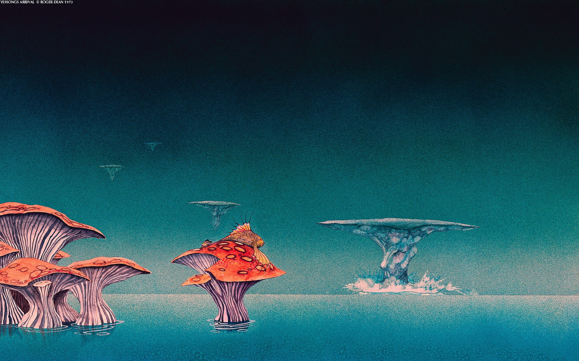 artwork, science fiction, Roger Dean, landscape, 1080P, fantasy art, water, mushroom, fish, sea, HD Wallpaper