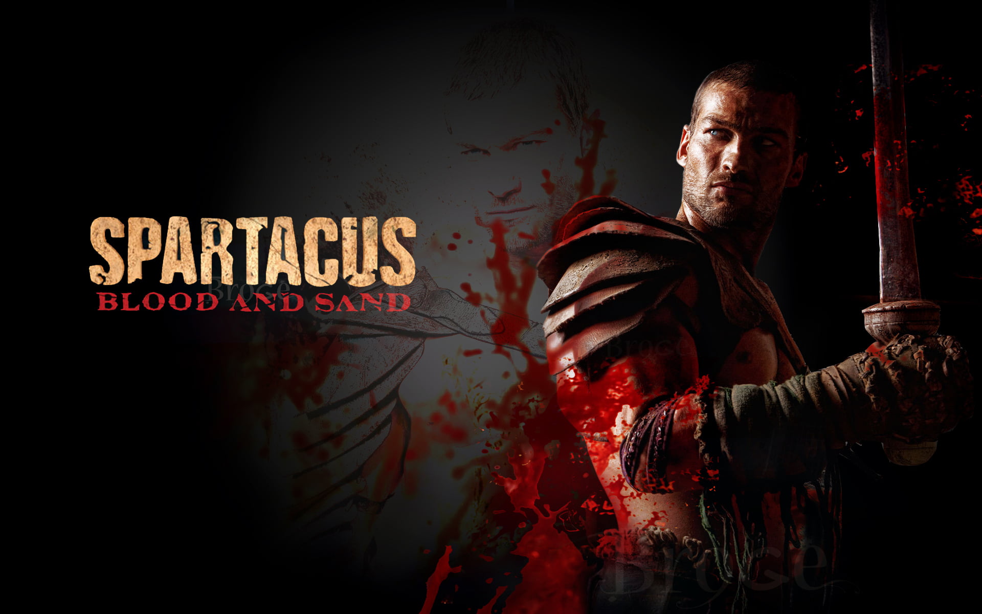 blood, 1080P, warrior, Gladiator, waist up, dark, indoors, sand and blood, looking at camera, portrait, sign, aggression, standing, men, one person, HD Wallpaper