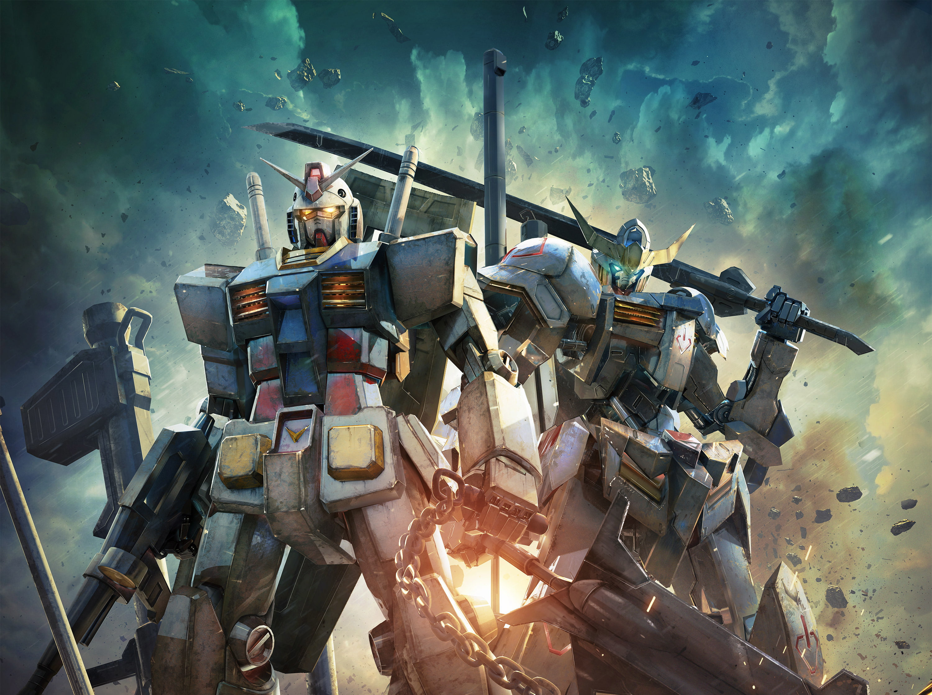 cloud - sky, weapon, nature, gundam, waist up, cooperation, fire, sky, adult, flame, people, water, dusk, 2K, illuminated, nautical vessel, outdoors, burning, HD Wallpaper