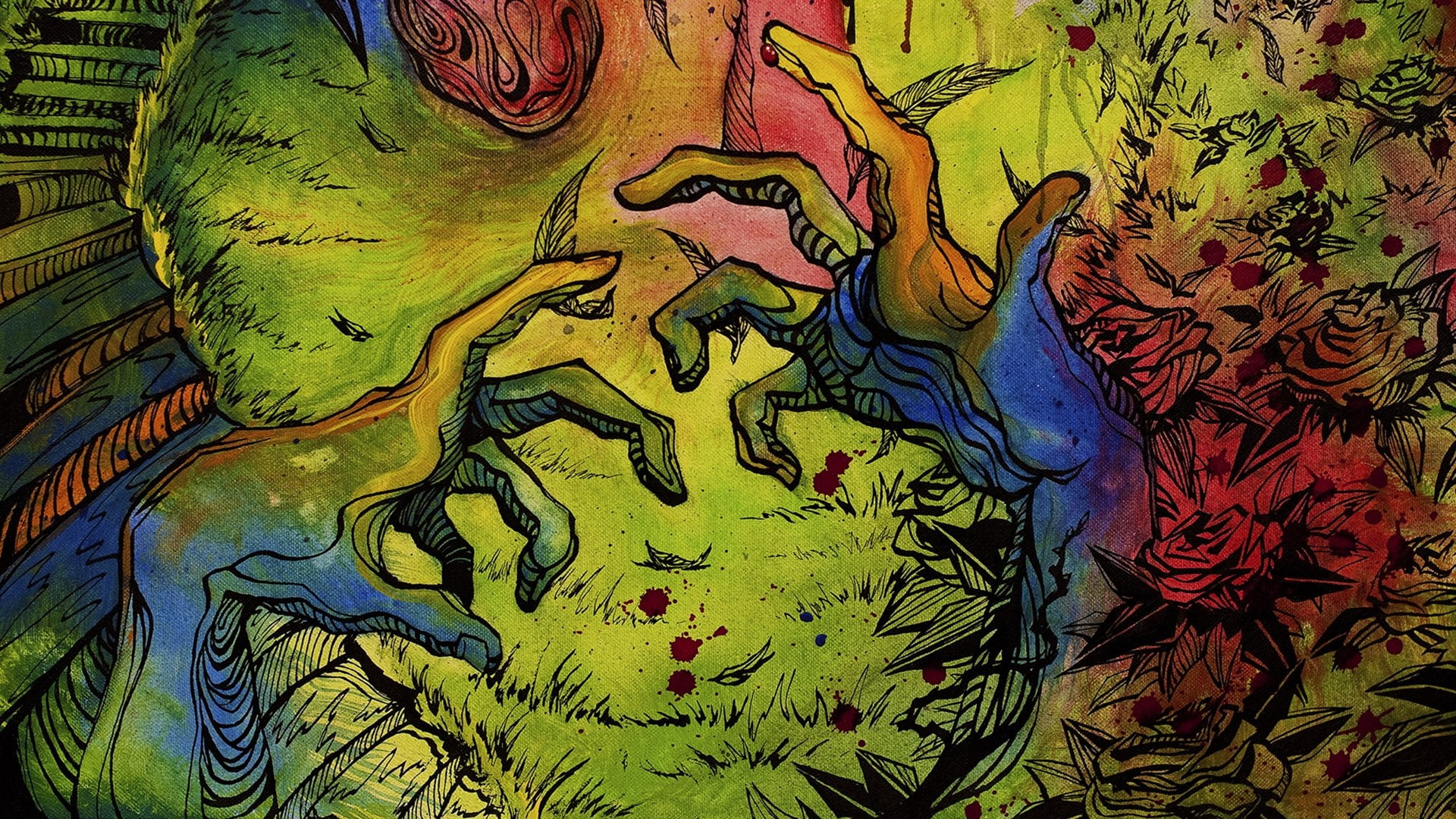 digital art, colorful, 1080P, fingers, rose, painting, blood stains, hands, psychedelic, artwork, flowers, HD Wallpaper