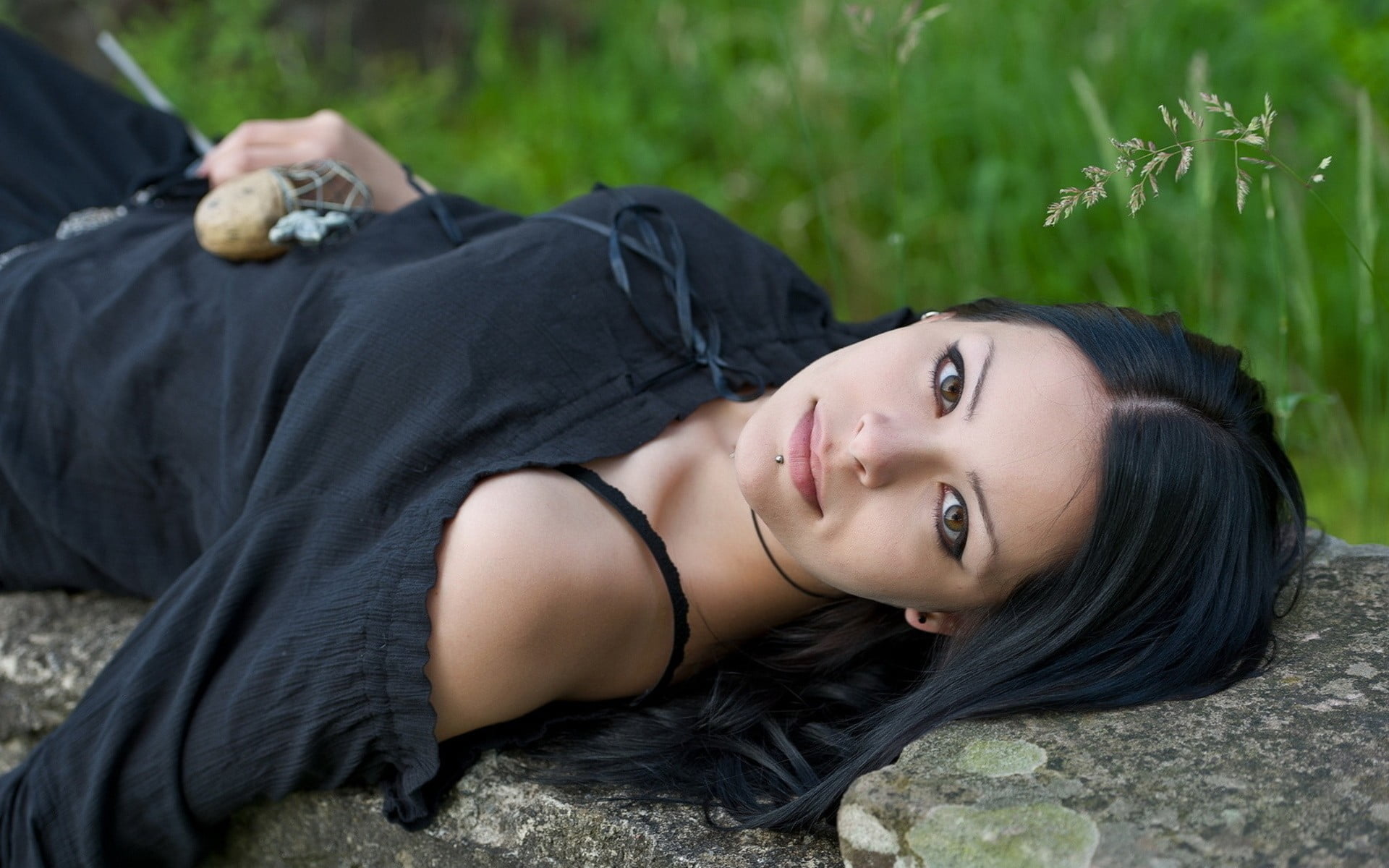 black dress, hair, beauty, young adult, dark hair, sleeved, black, leisure activity, beautiful woman, relaxation, lying down, portrait, piercing, outdoors, HD Wallpaper