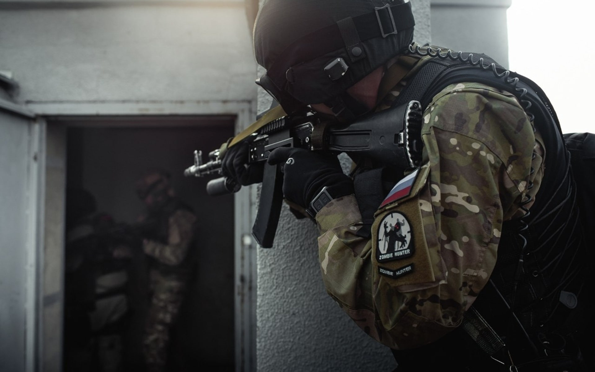 soldiers, rifles, guns, warriors, airbourne, 1080P, people, architecture, suit, helmet, machine, military, buildings, uniform, patch, mech, war, goggles, HD Wallpaper