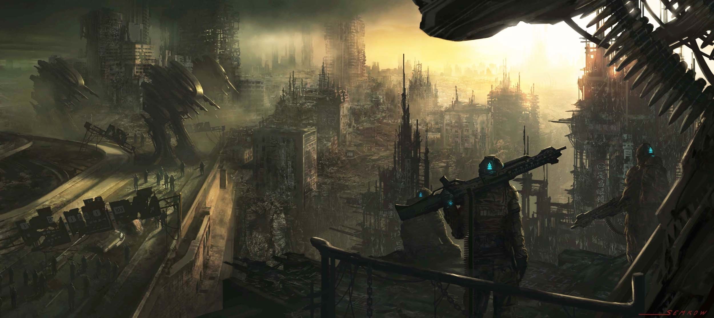 robot, dual, sci fi, ruins, apocalyptic, dark, soldiers, robots, weapons, machines, 1080P, art, army, city, multi, HD Wallpaper