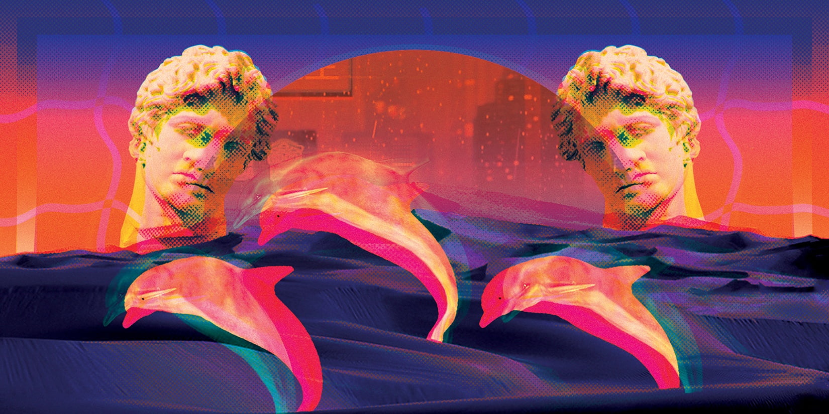 dolphin, Retrowave, anime, 720P, david (statue), vaporwave, HD Wallpaper
