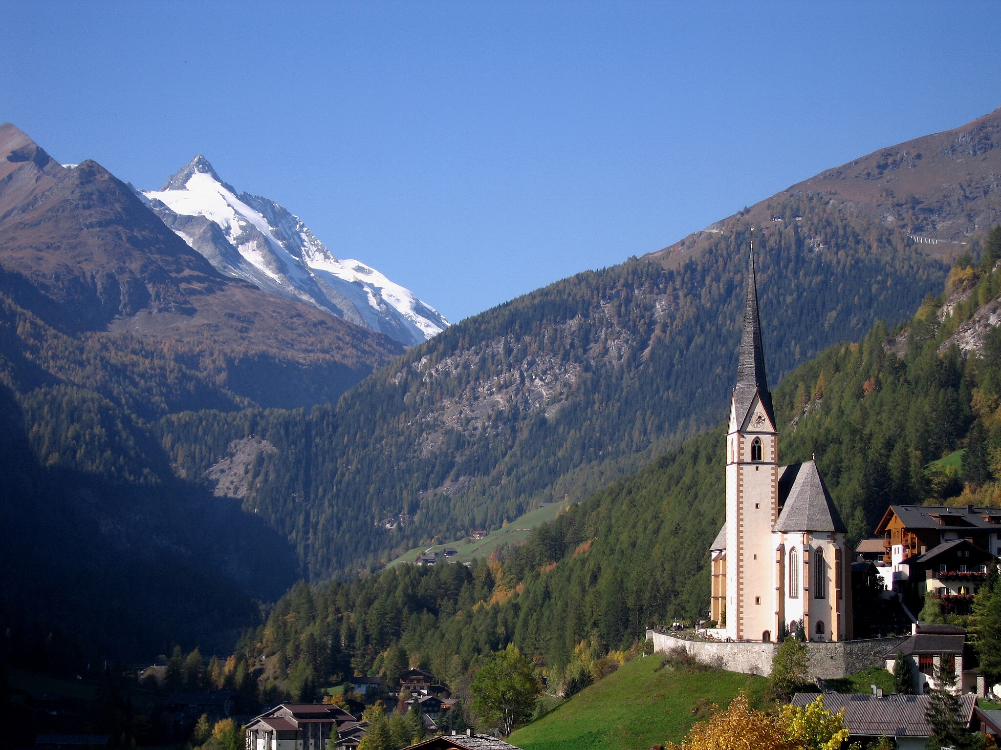alpine, day, 1080P, grossglockner, church, white, carinthia, building exterior, outdoors, famous, near, mountain, landscape, scenics - nature, mountains, HD Wallpaper