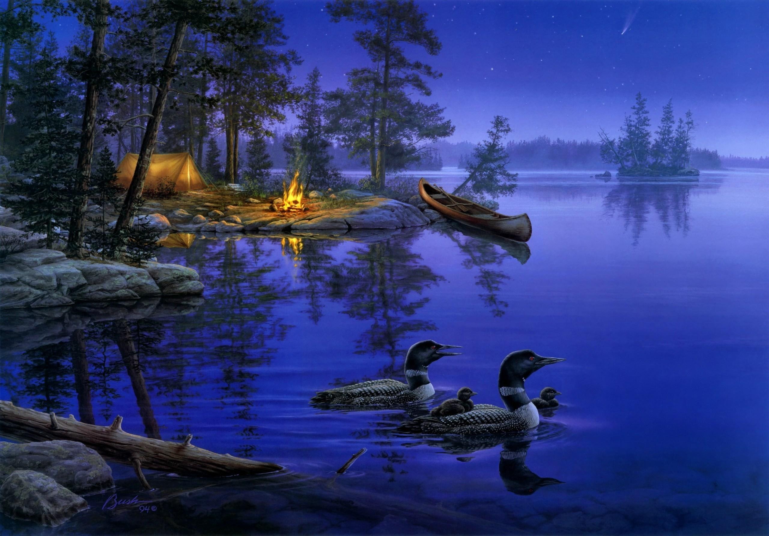 darrell, nature and landscapes, bush, boat house, ducks, autumn, lake, landscape, light, darrell bush, sunset, 2K, HD Wallpaper