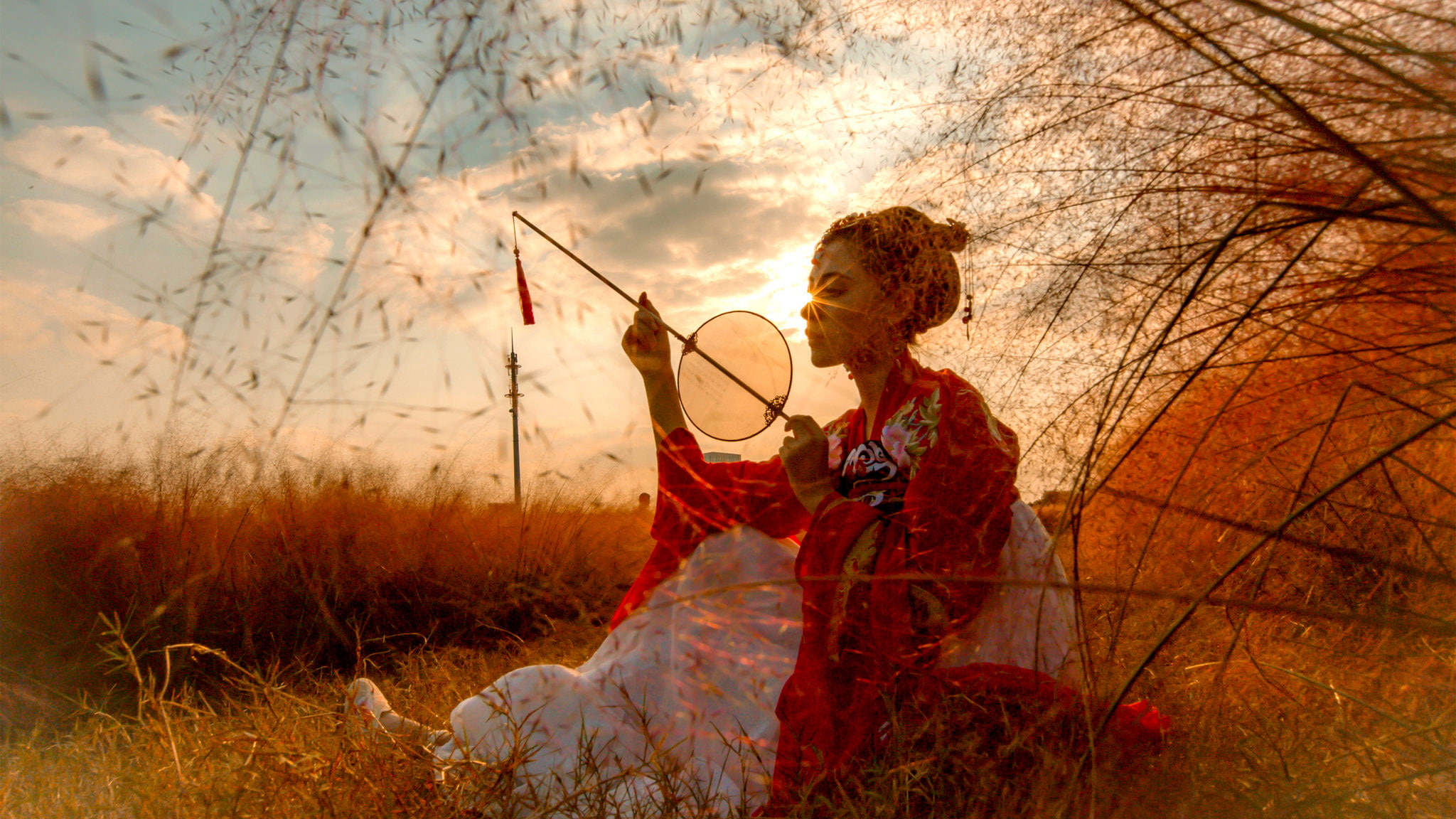 clouds, Chinese dress, 1080P, Bushes, model, 500px, Asian, women, HD Wallpaper