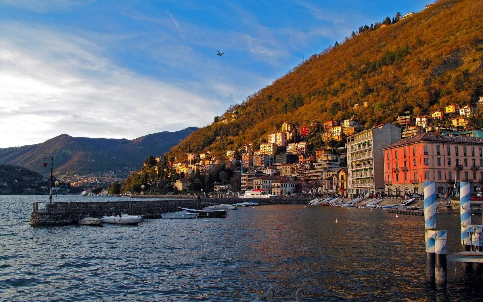 house, summer, blue, italy, pier, nature, sky, european Alps, como, lake Como, day, famous Place, promenade, built Structure, building, old, nautical Vessel, HD Wallpaper