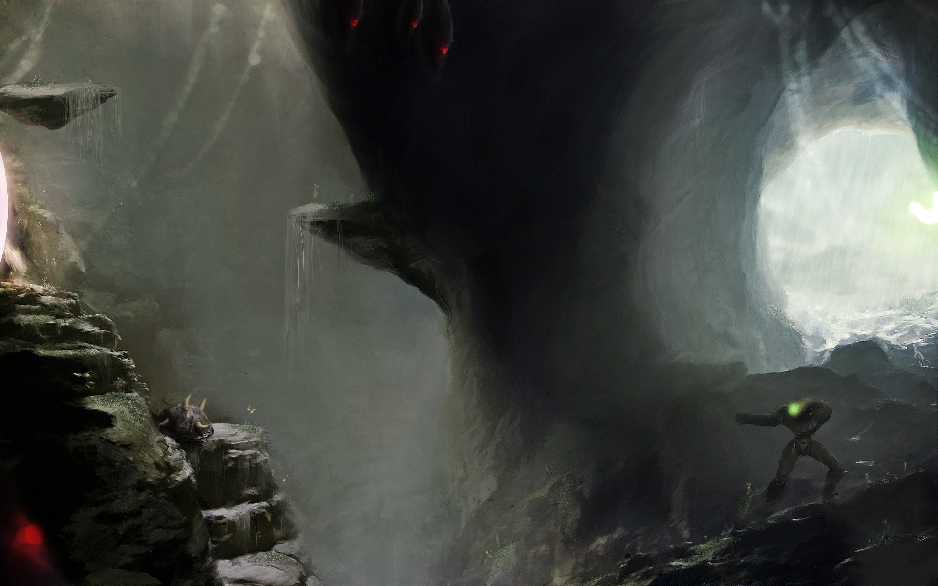 nintendo, illustration, cave, 1080P, video games, metroid, hd, art, samus, HD Wallpaper