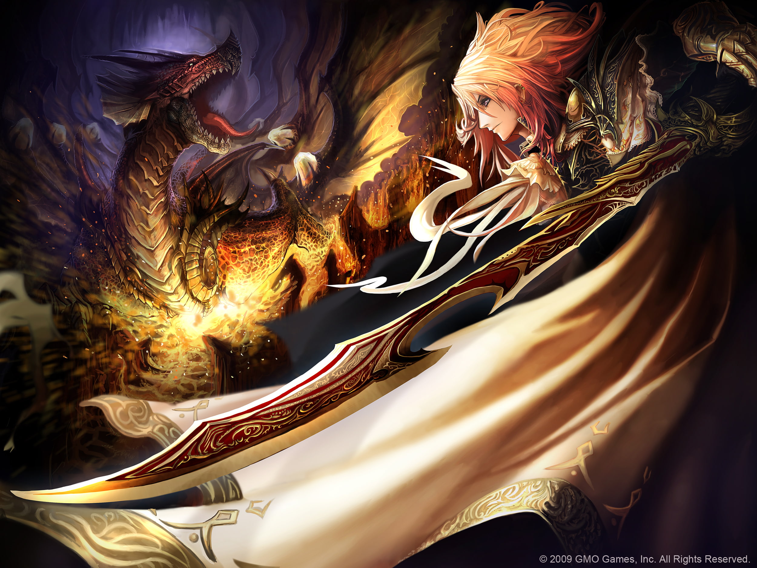 hair, tachikawa, dragon, mushimaro, 1080P, short, weapon, sword, original, blonde, HD Wallpaper