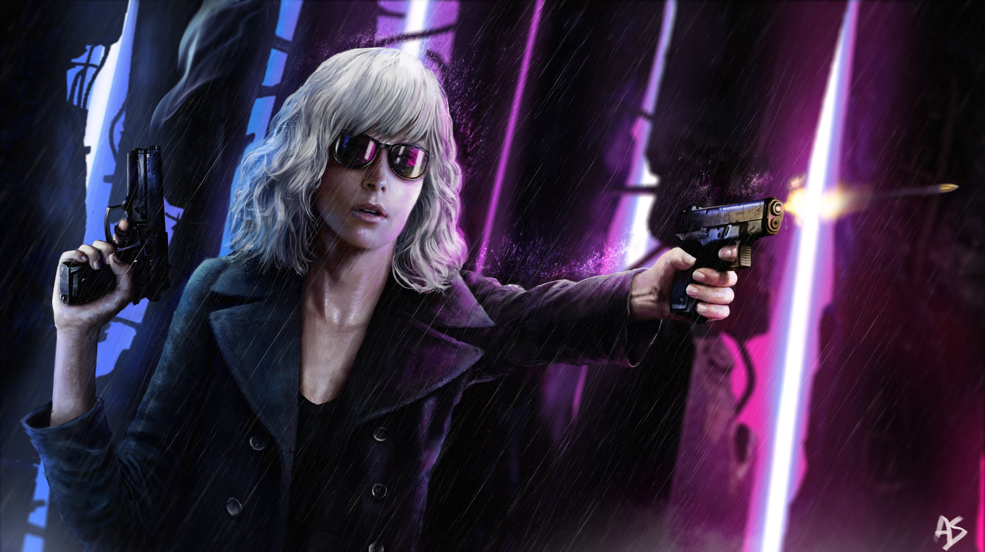 holding, blond hair, young adult, nightlife, one person, night, waist up, hairstyle, looking at camera, artwork, girls with guns, women with shades, purple, HD Wallpaper