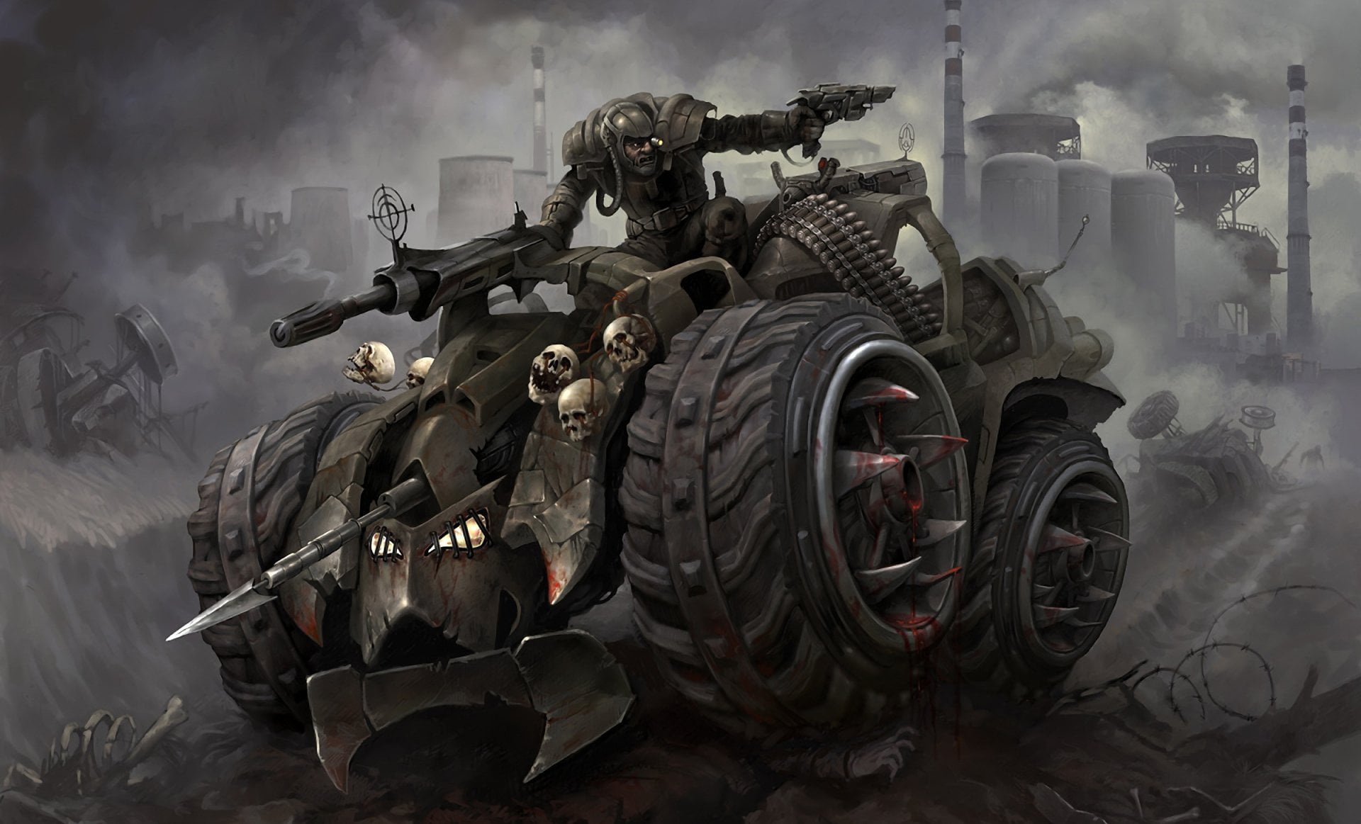 machinery, smoke - physical structure, protection, Dark, motor vehicle, wheel, occupation, steam train, land vehicle, nature, Skull, Tank, Fog, Ammo, Wasteland, HD Wallpaper