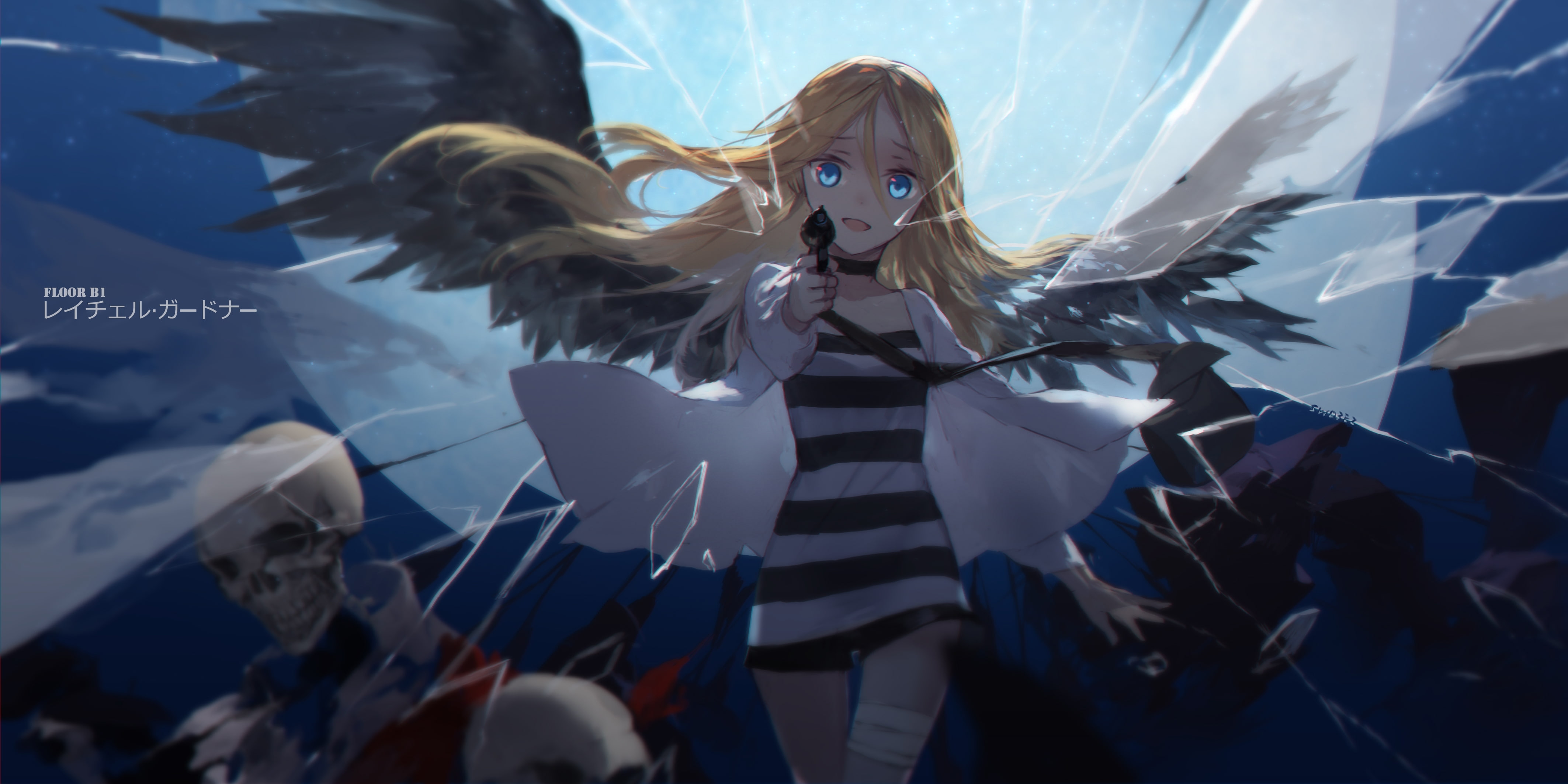 wings, 4K, yandere, gun, satsuriku no tenshi, Anime, blonde, ray, HD Wallpaper