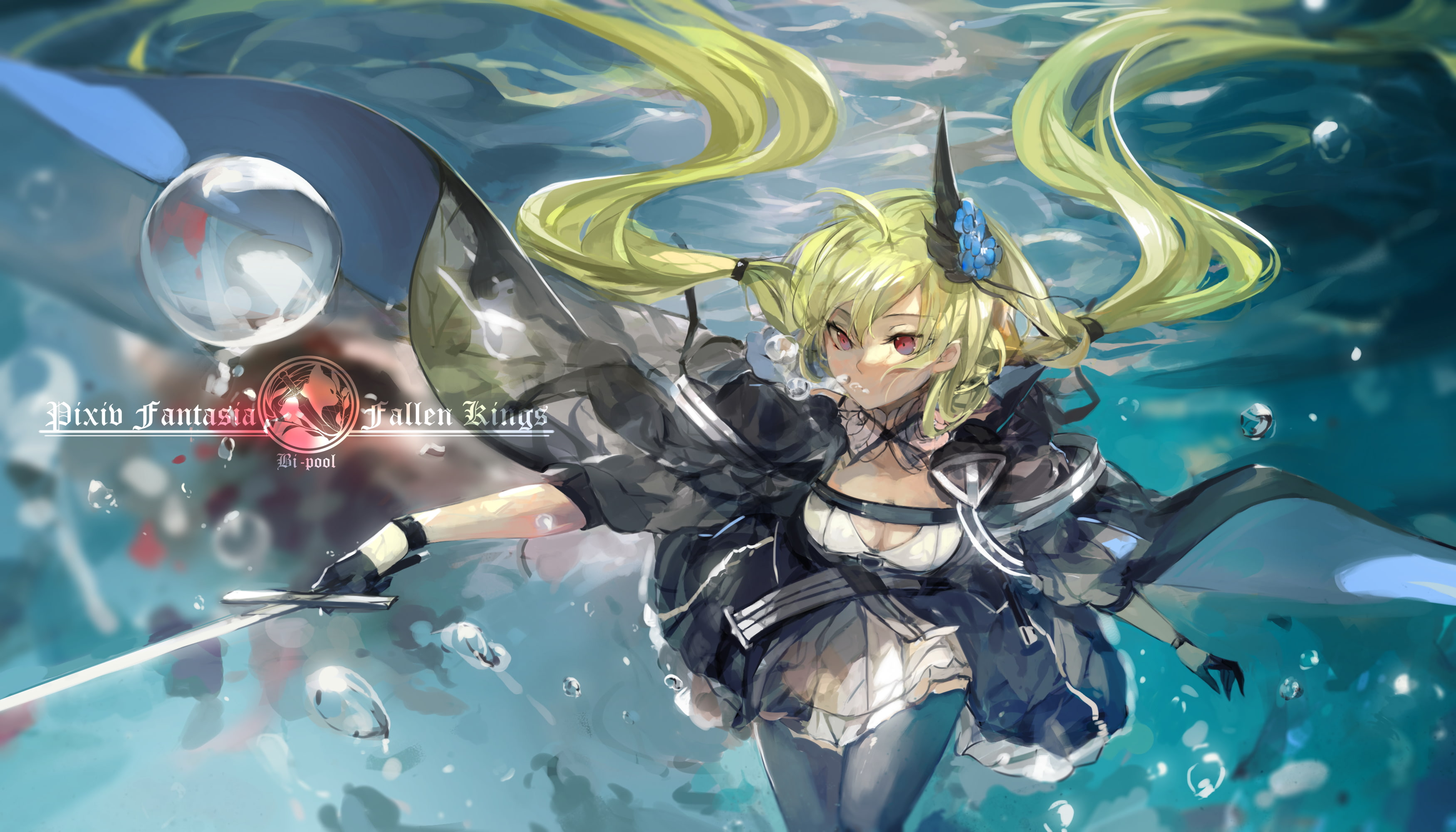 The Sword, underwater, anime, weapon, red eyes, Pixiv Fantasia: Fallen Kings, blonde, 2K, flowers, anime girls, maiden, original characters, HD Wallpaper