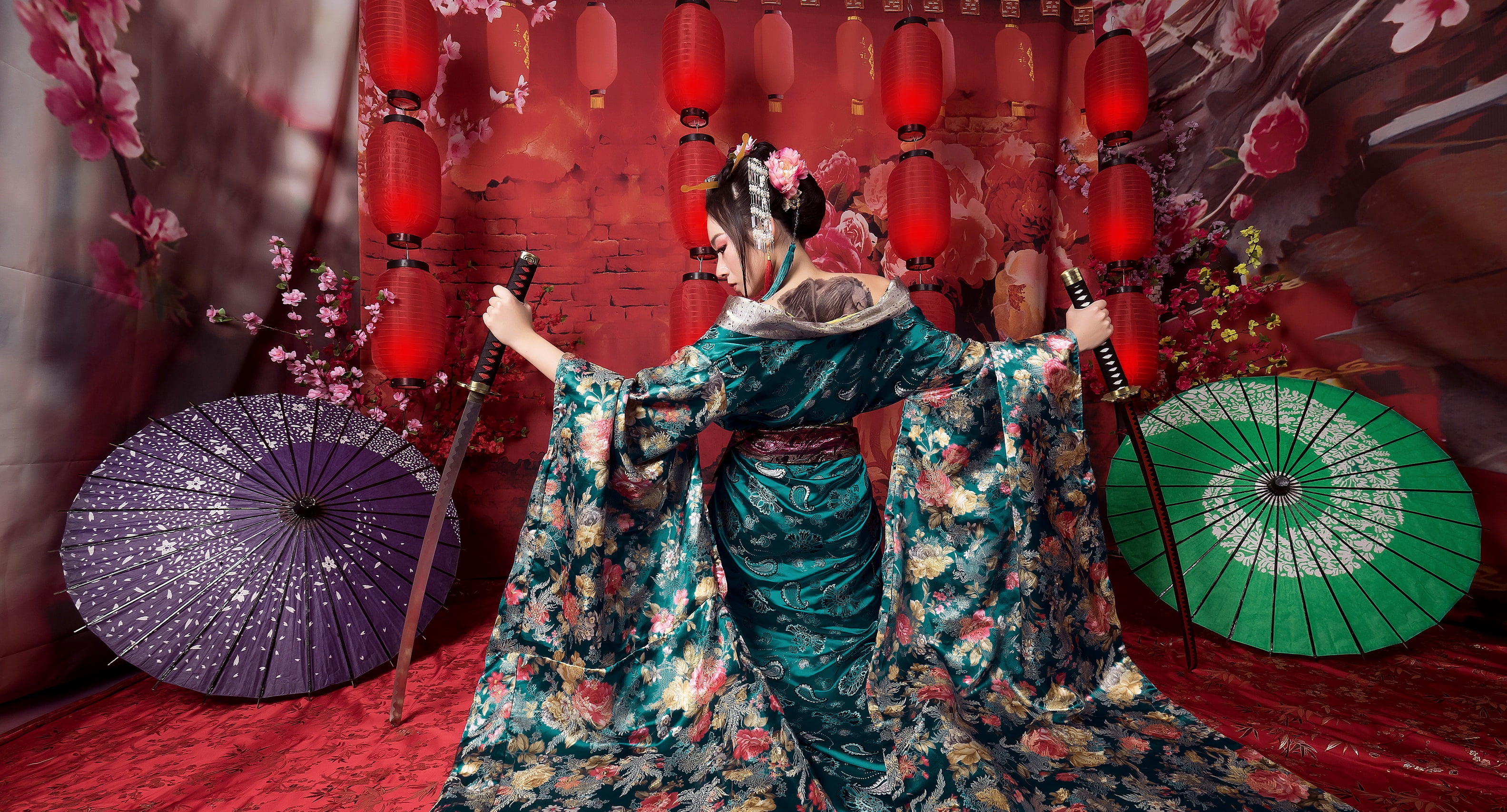 multi colored, standing, red, rear view, 2K, indoors, real people, hairstyle, pattern, hand fan, kimono, adult, one person, floral pattern, clothing, holding, HD Wallpaper