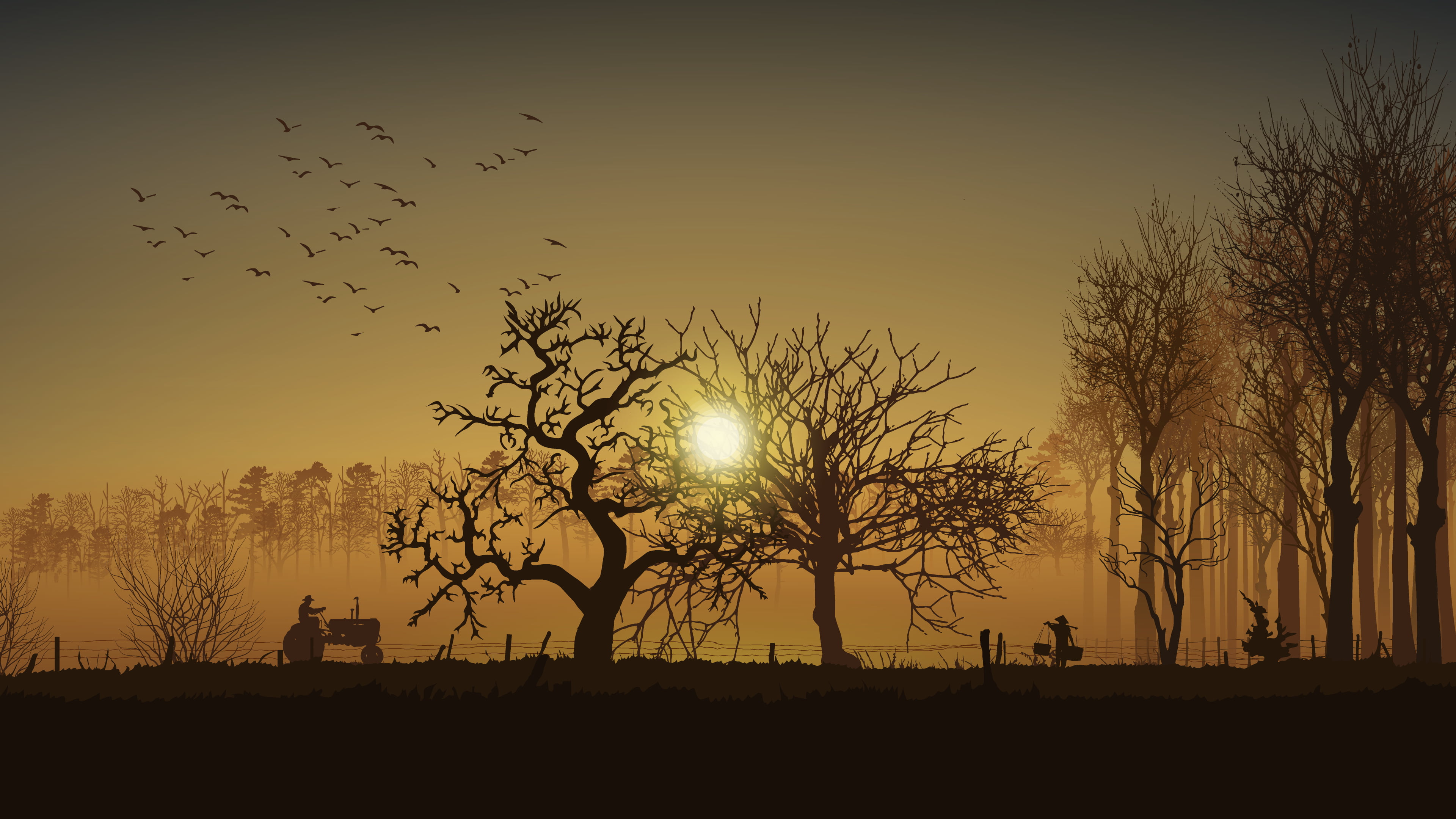 digital, trees, Sun, sunset, vector, vector art, sunrise, farmers, metalanguage, Stan Prokopenko, tractors, dawn, sparrow, silhouette, dusk, 4K, illustration, HD Wallpaper