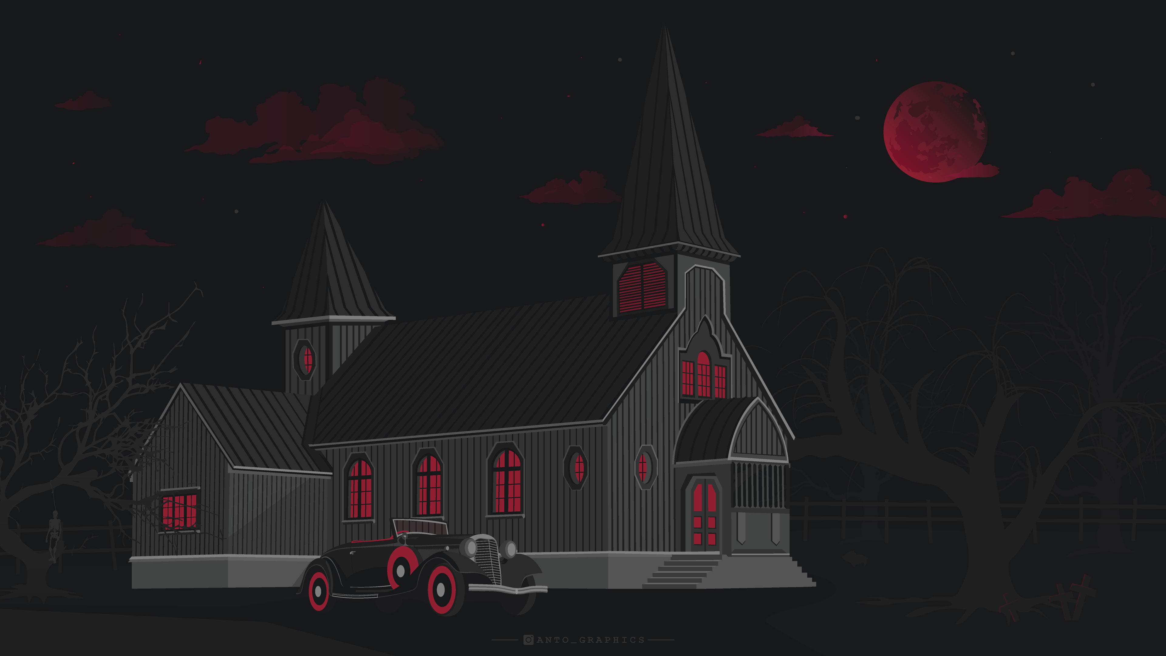 Haunted Mansion, horror, trees, automotive, vintage, house, antographics, dark, red, mansion, fence, digital, Blood moon, Moon Castle, cross, neon, silhouette, HD Wallpaper