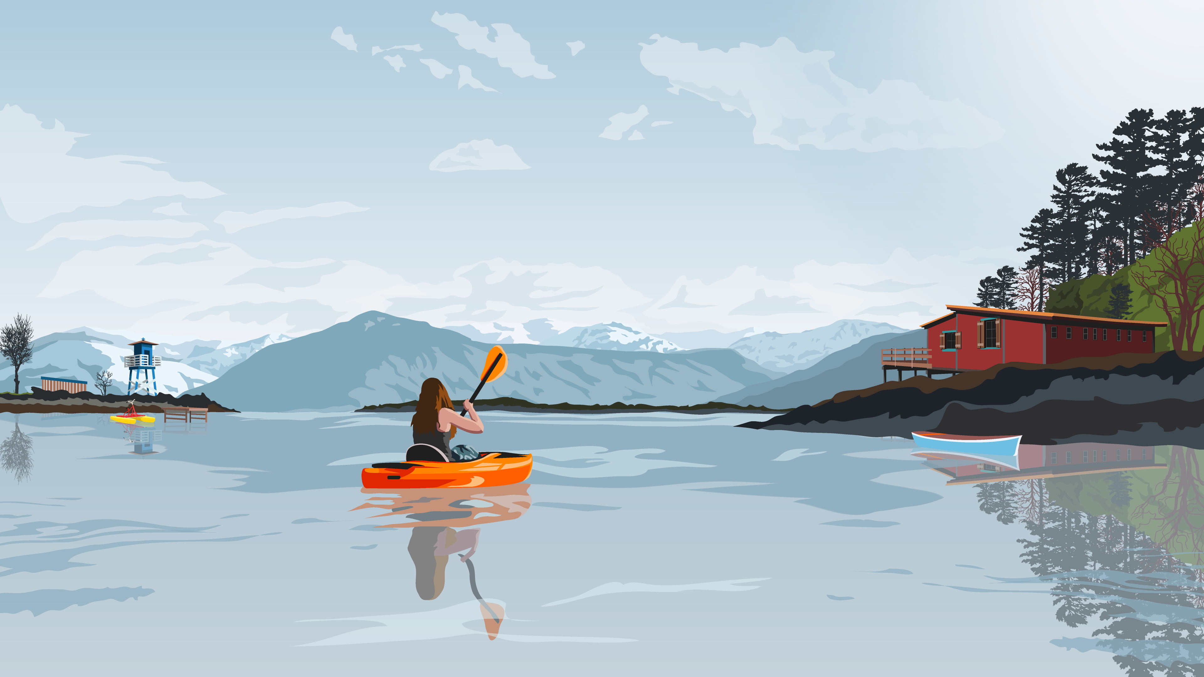 sea, solo, 4K, mountains, White Mountains, wilderness, rafting, antographics, rowboat, traveller, tower, pirates, boat, raft, calm, hut, trees, HD Wallpaper