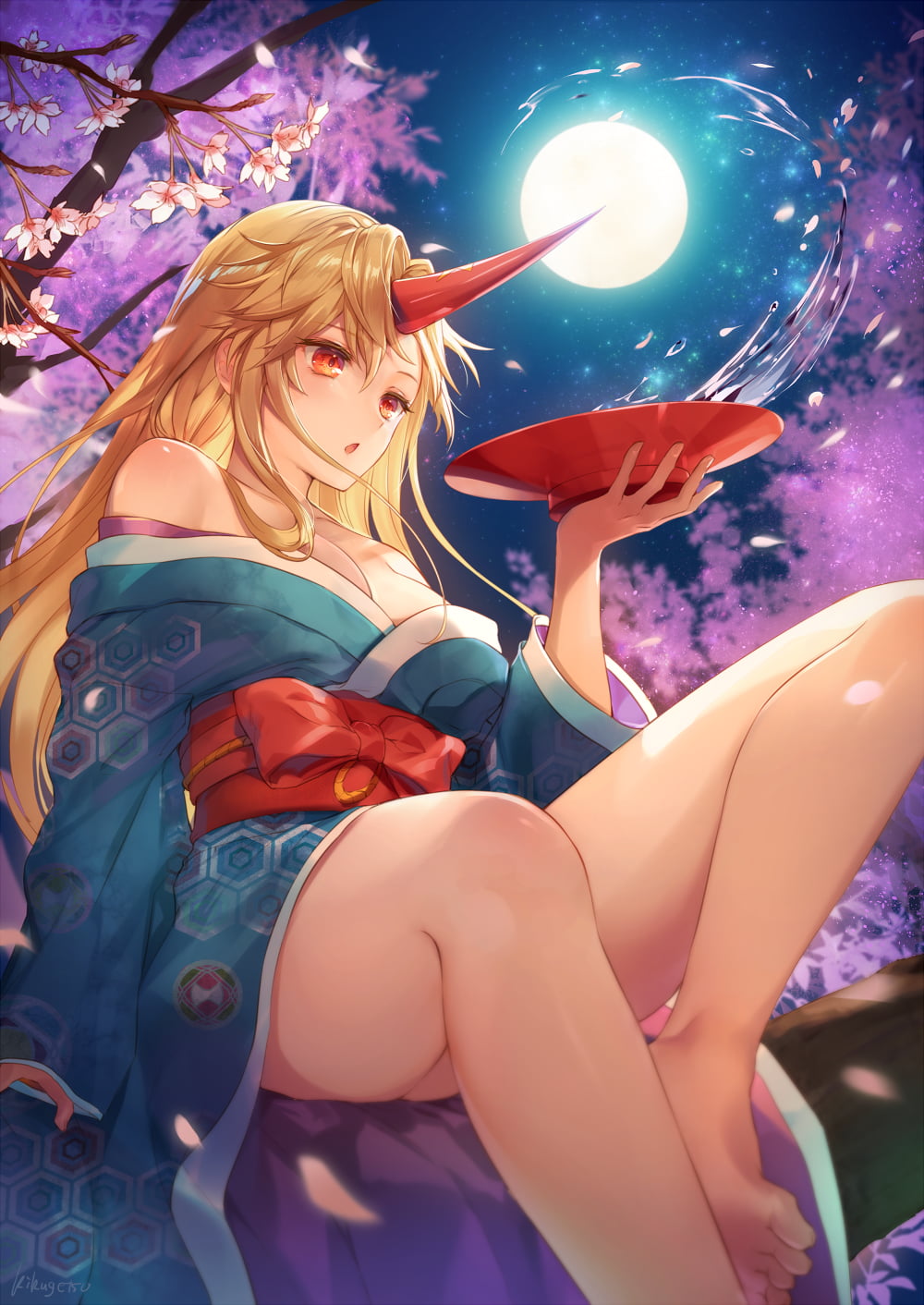 blonde, barefoot, 2D, red eyes, 720P, cleavage, bare shoulders, illustration, artwork, anime girls, Moon, fantasy girl, cherry blossom, legs, horns, anime, Phone HD Wallpaper